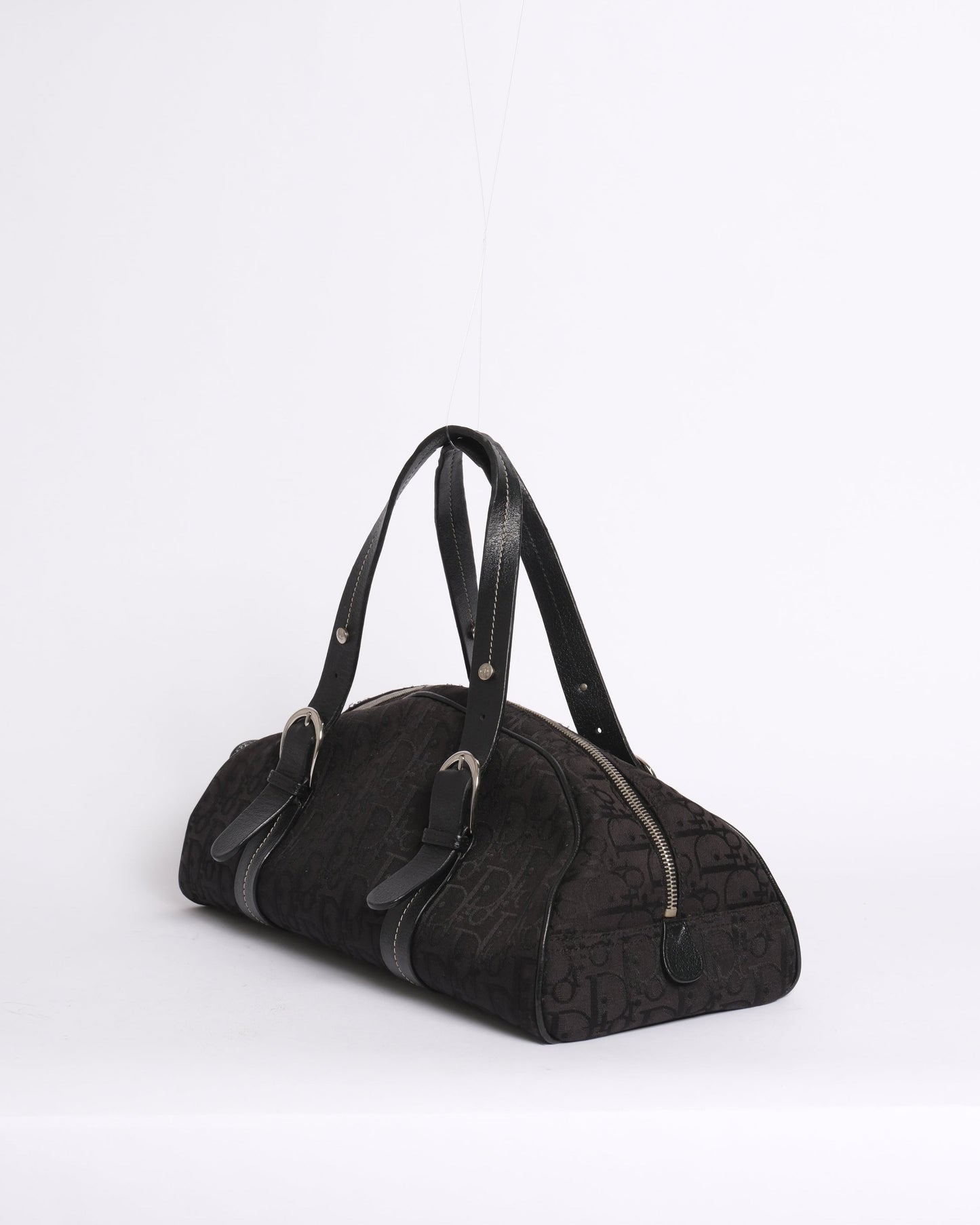 Christian Dior Black Trotter Canvas Embroidered Floral Bowler Bag