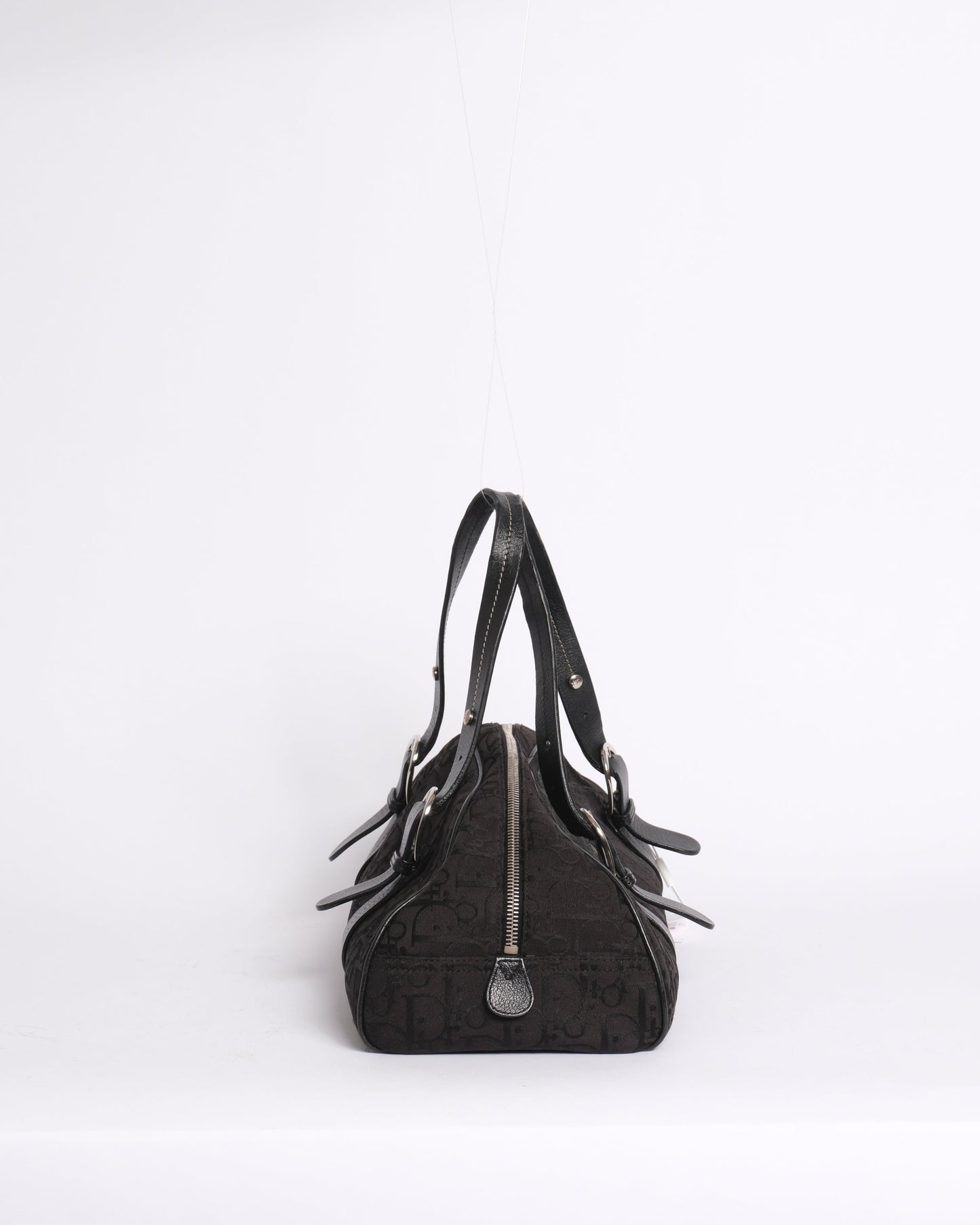 Christian Dior Black Trotter Canvas Embroidered Floral Bowler Bag