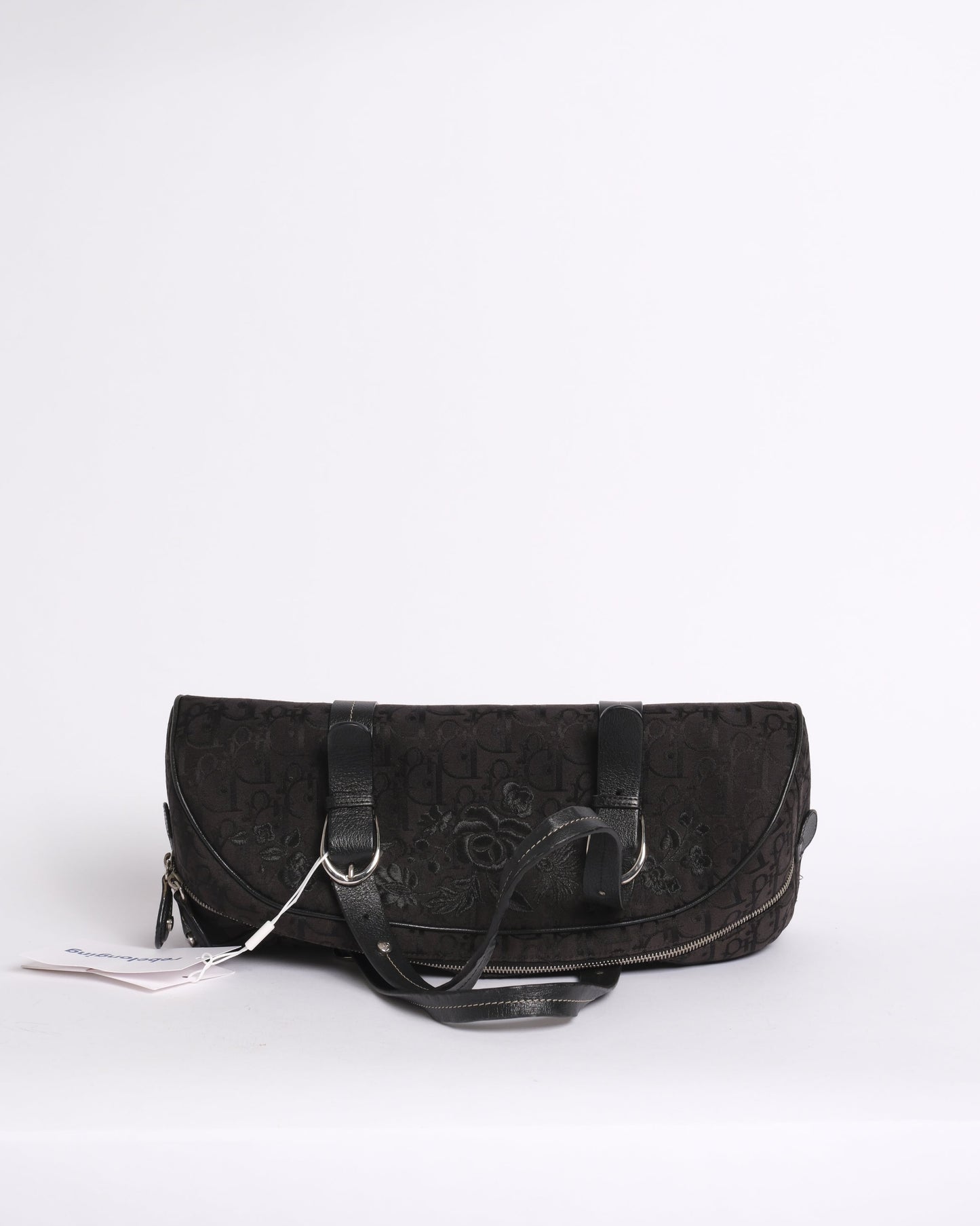 Christian Dior Black Trotter Canvas Embroidered Floral Bowler Bag