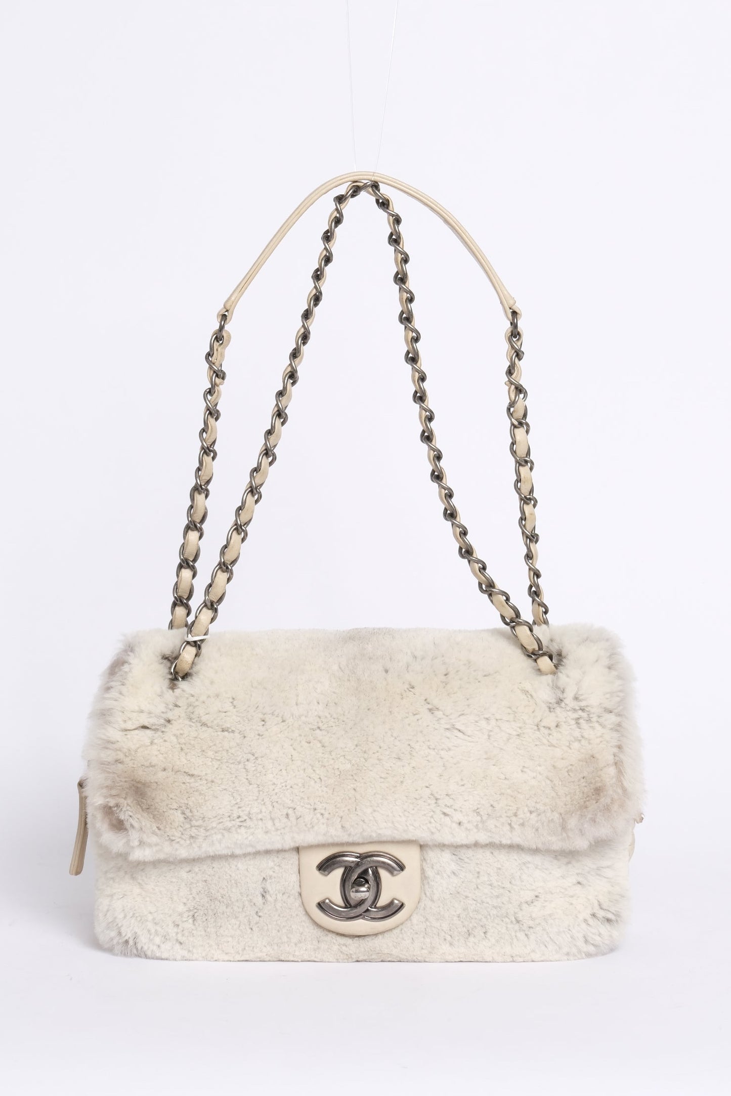 Chanel Beige Rabbit Fur Flap Chain Shoulder Bag