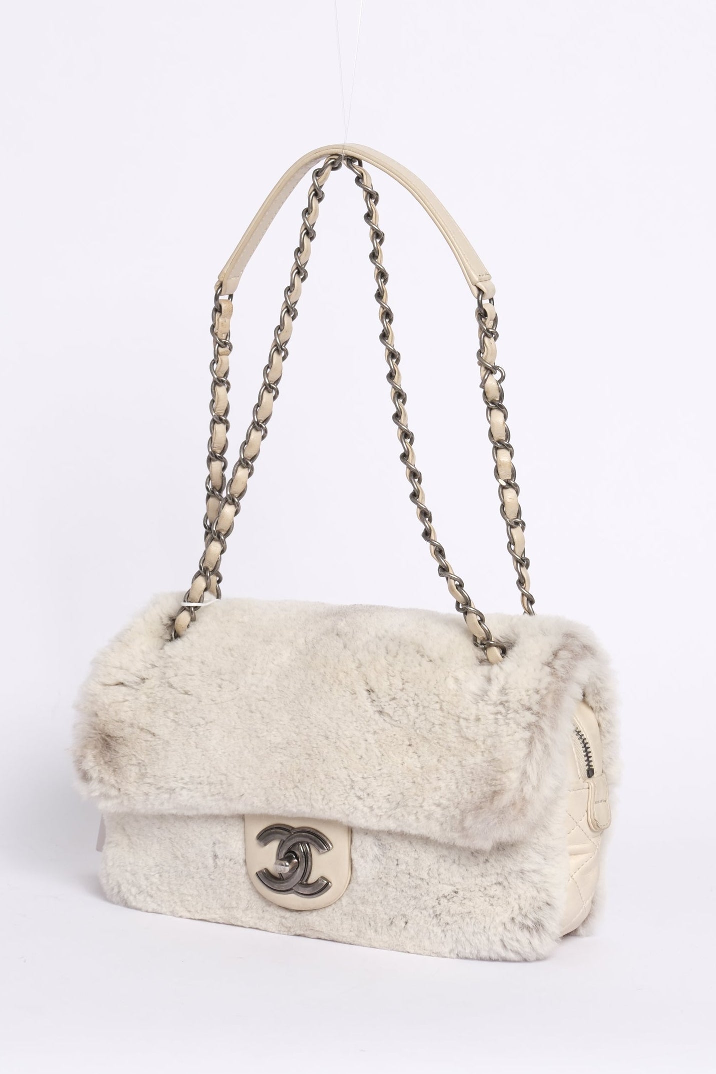 Chanel Beige Rabbit Fur Flap Chain Shoulder Bag