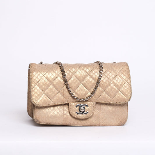 Chanel Beige Snakeskin Leather Quilted Accordion Flap