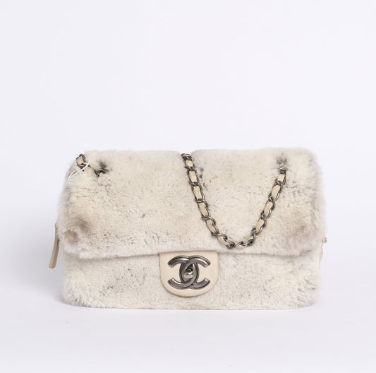 Chanel Beige Rabbit Fur Flap Chain Shoulder Bag