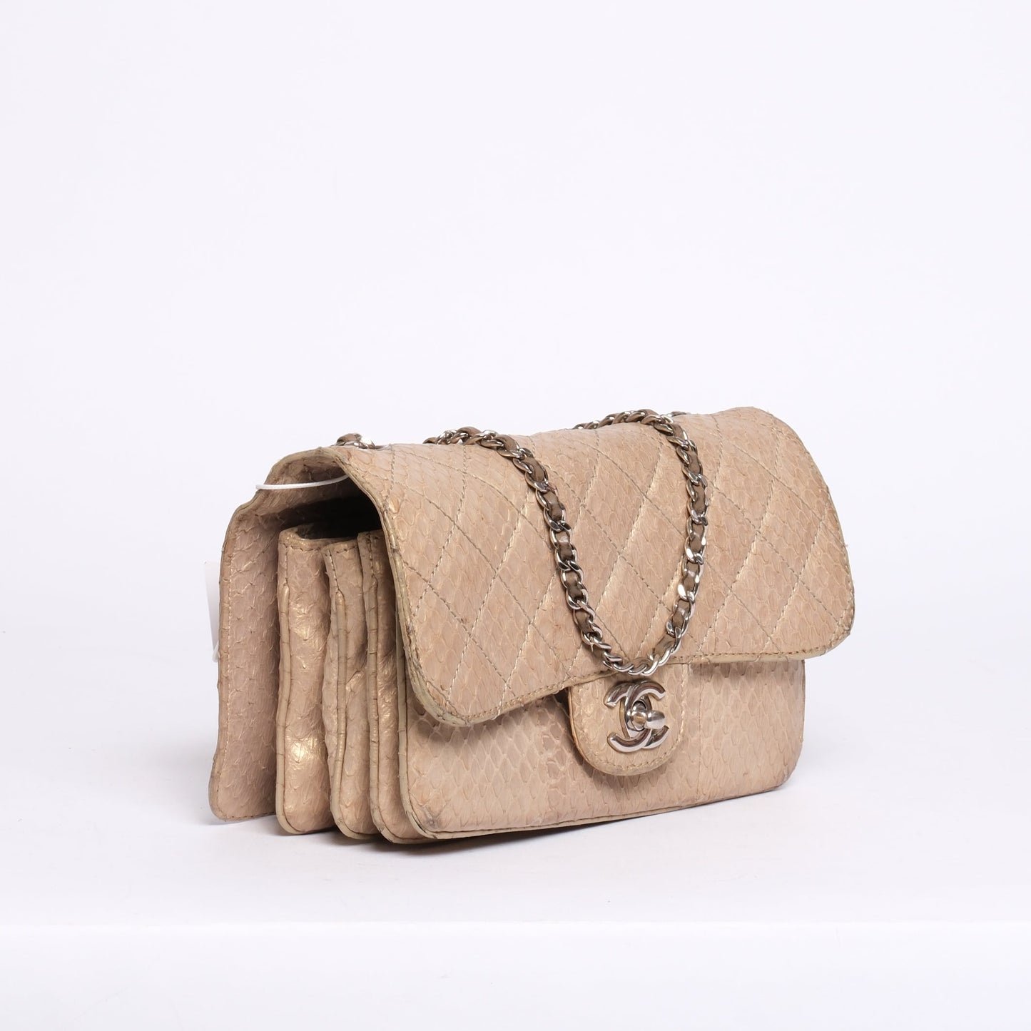 Chanel Beige Snakeskin Leather Quilted Accordion Flap