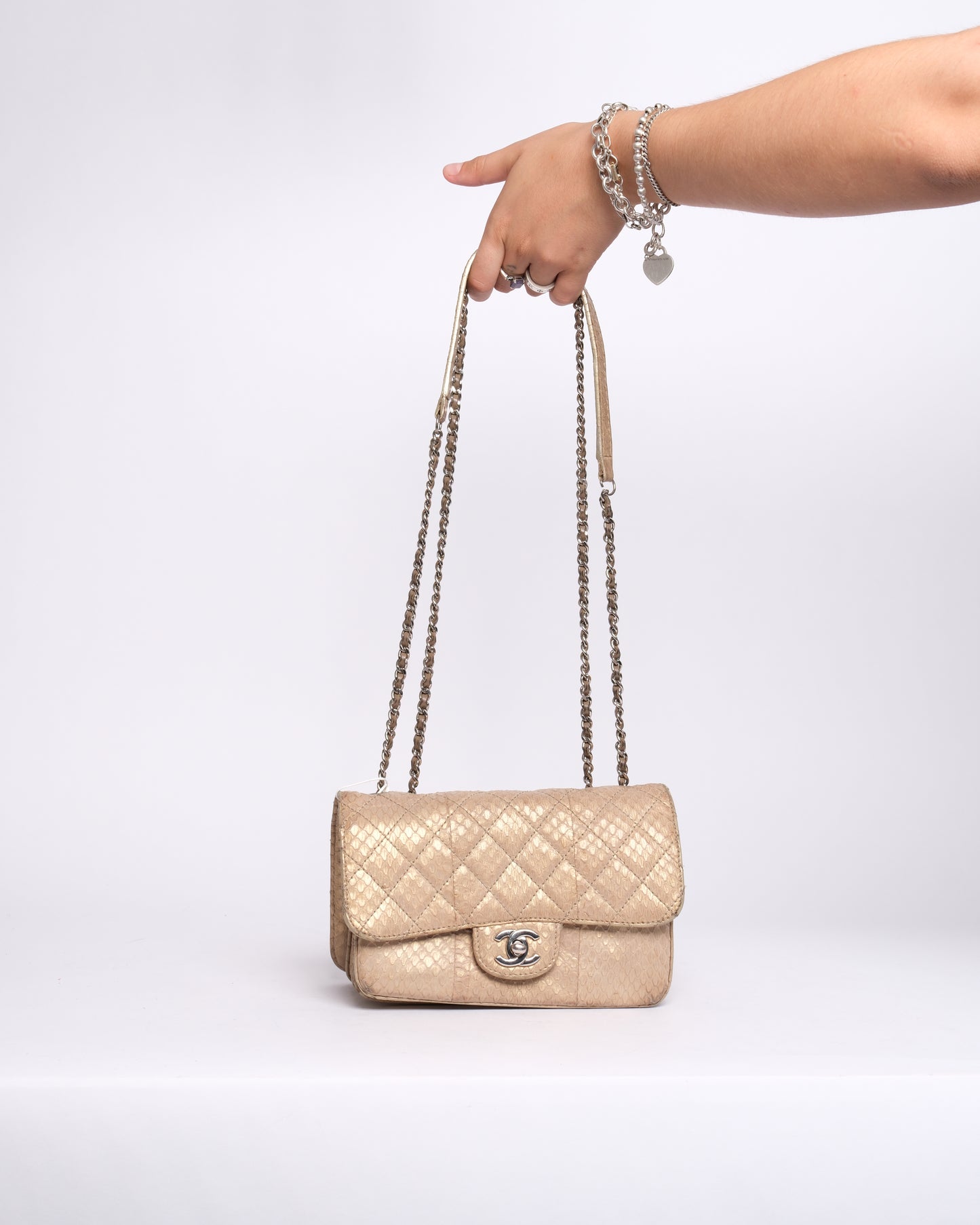 Chanel Beige Snakeskin Leather Quilted Accordion Flap