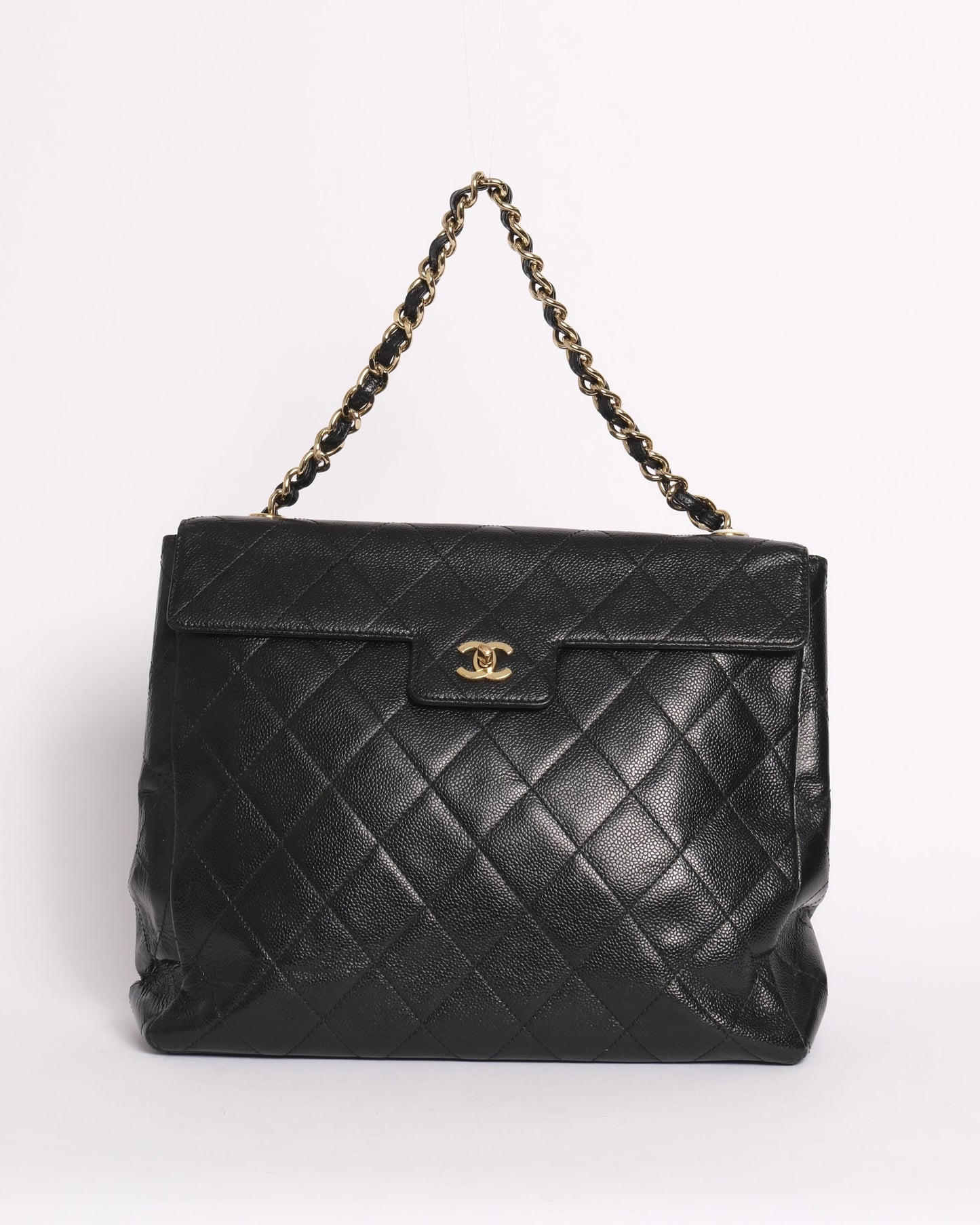 Chanel 2000 Black Caviar Leather Quilted Chain Tote Flap