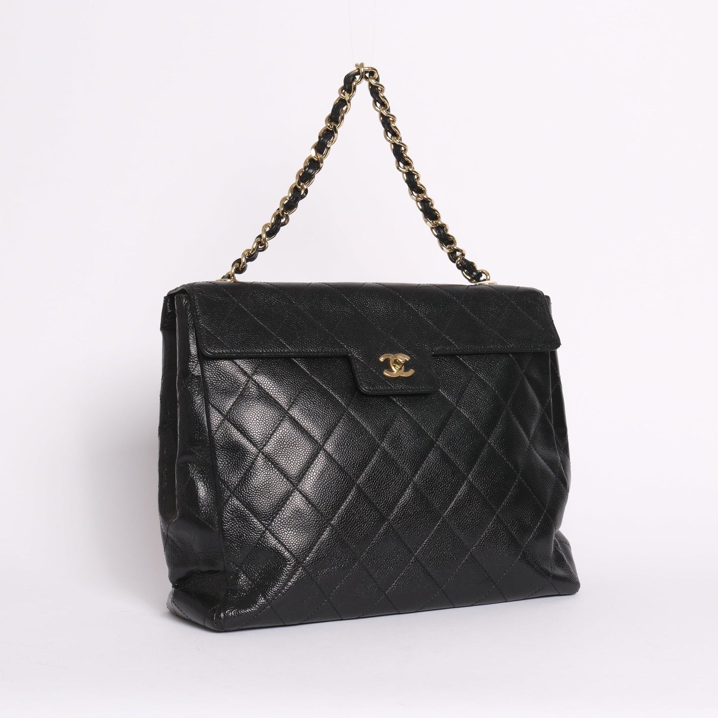 Chanel 2000 Black Caviar Leather Quilted Chain Tote Flap