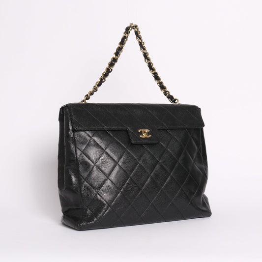 Chanel 2000 Black Caviar Leather Quilted Chain Tote Flap