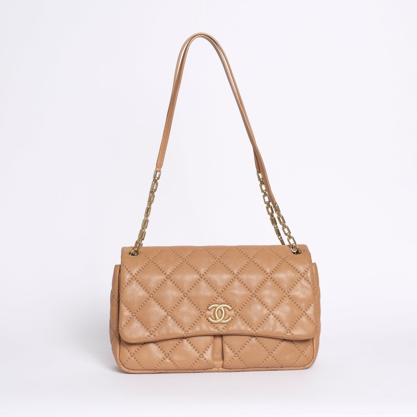 Chanel Beige Calfskin Leather Quilted CC Straight Flap