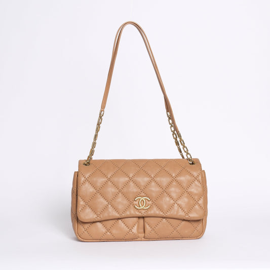 Chanel Beige Calfskin Leather Quilted CC Straight Flap