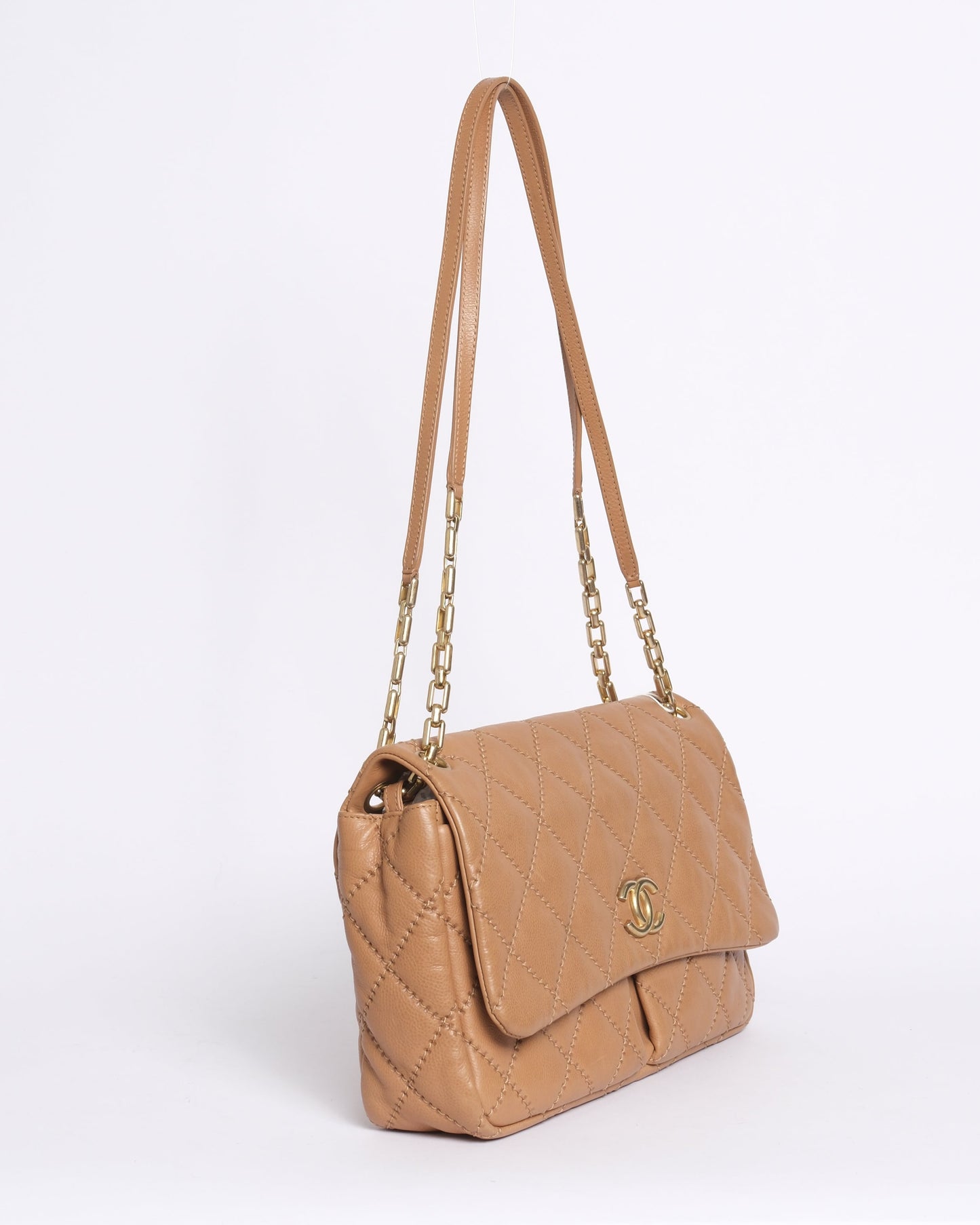 Chanel Beige Calfskin Leather Quilted CC Straight Flap