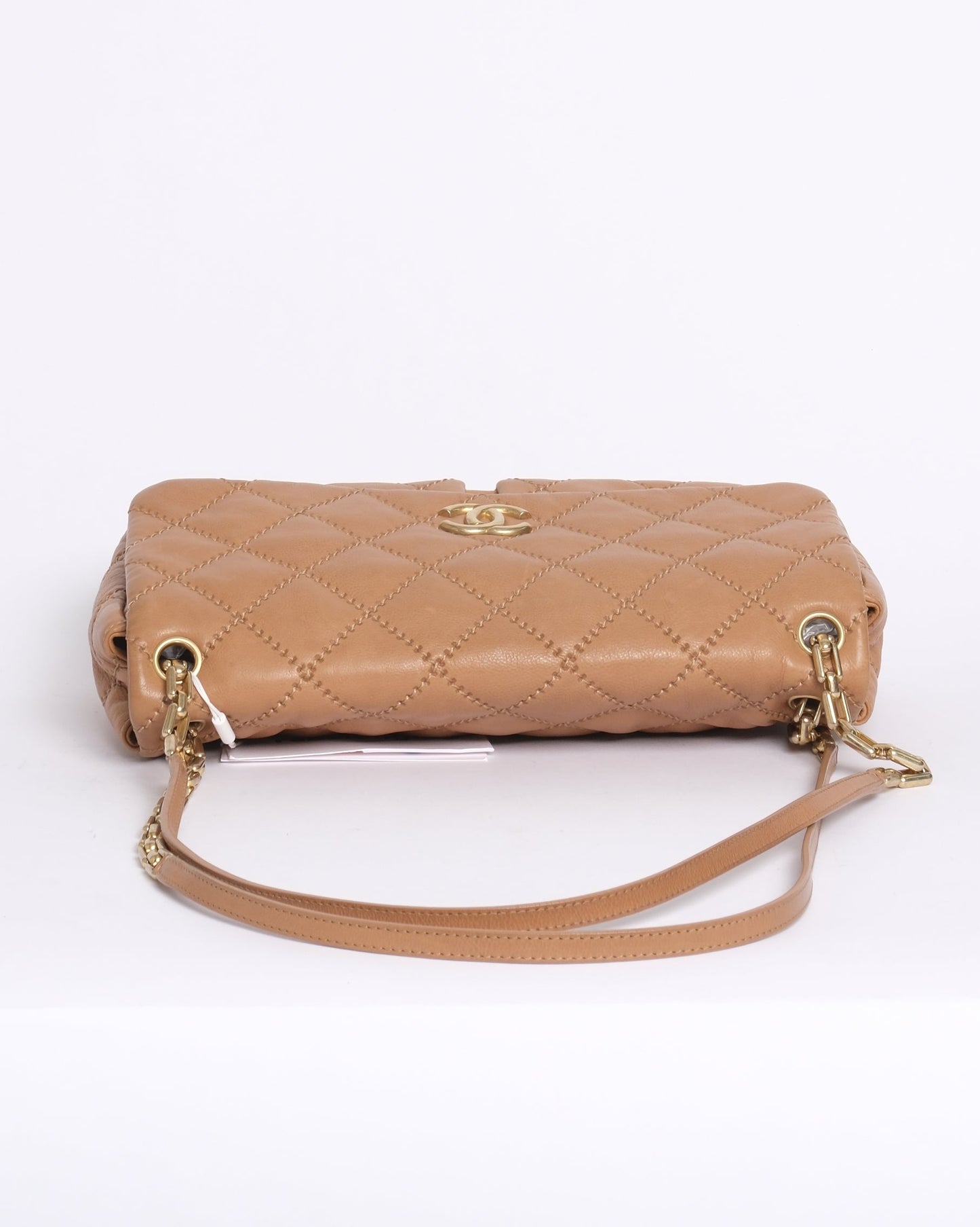 Chanel Beige Calfskin Leather Quilted CC Straight Flap
