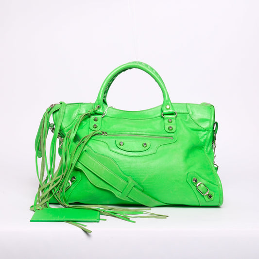 RARE Balenciaga Green Lizard Embossed Leather City Bag SHW