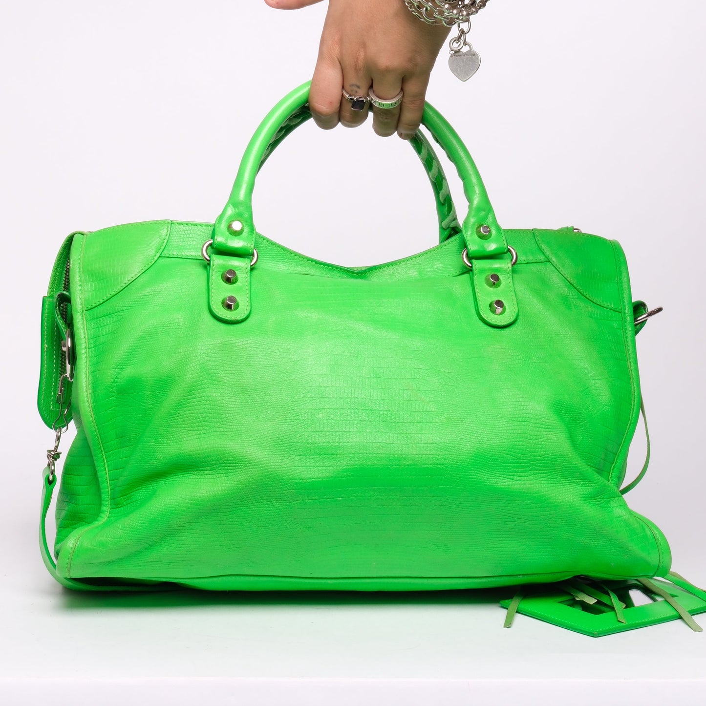 RARE Balenciaga Green Lizard Embossed Leather City Bag SHW