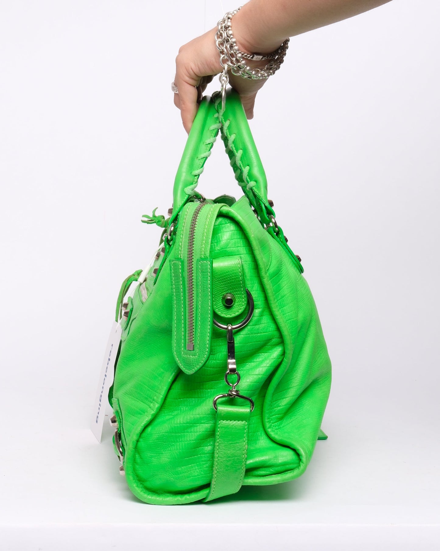 RARE Balenciaga Green Lizard Embossed Leather City Bag SHW
