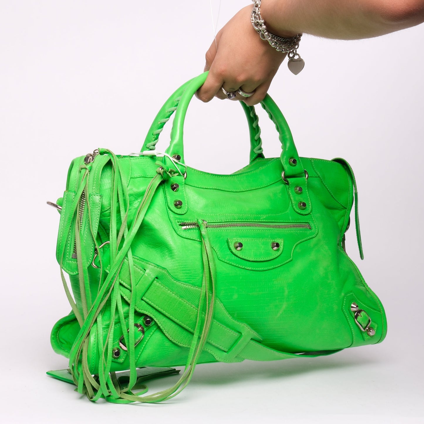 RARE Balenciaga Green Lizard Embossed Leather City Bag SHW