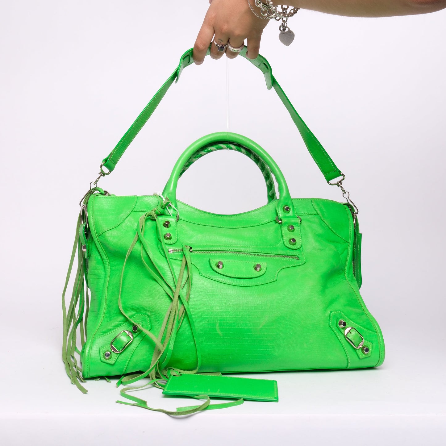 RARE Balenciaga Green Lizard Embossed Leather City Bag SHW