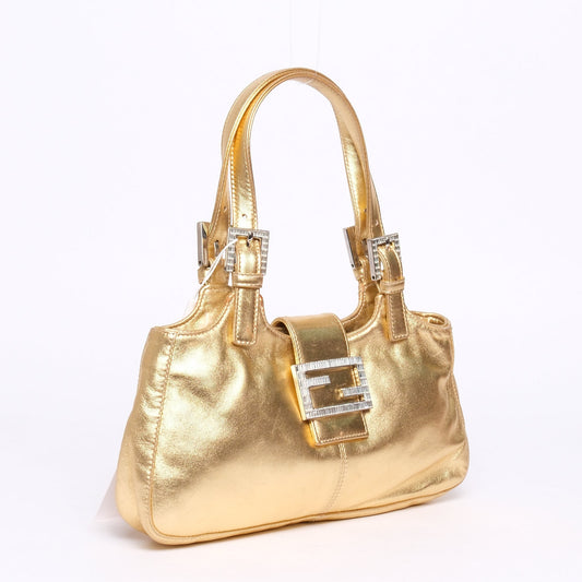 Fendi Gold Metallic Leather Jeweled Shoulder Bag