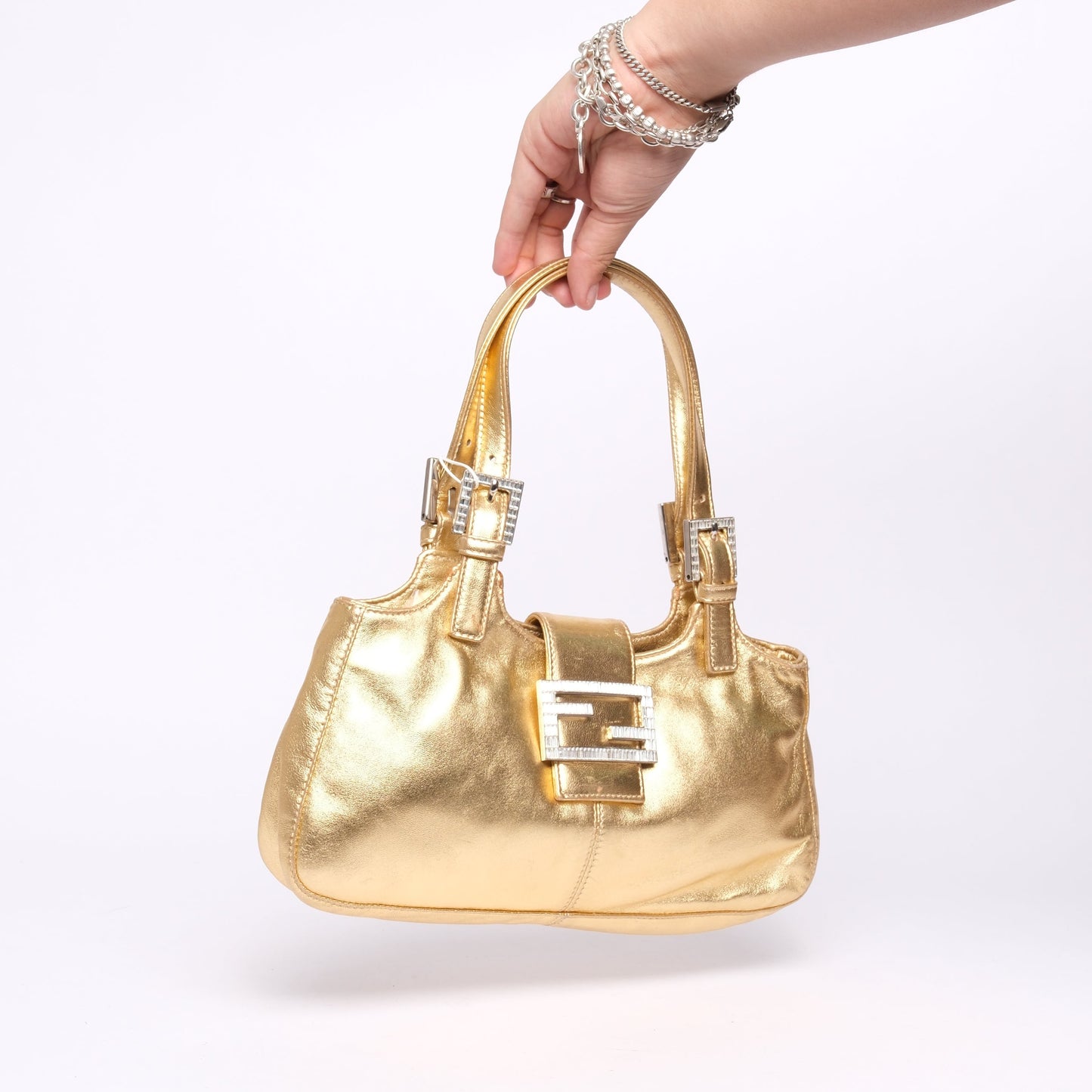 Fendi Gold Metallic Leather Jeweled Shoulder Bag