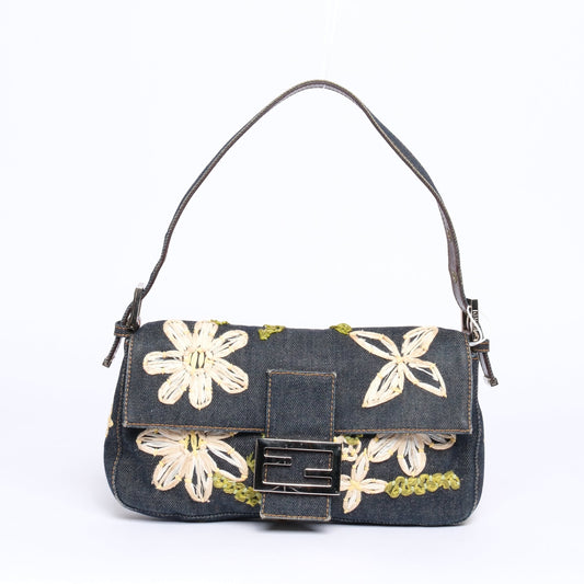 Fendi Denim Embroidered Floral Baguette Shoulder Bag SHW