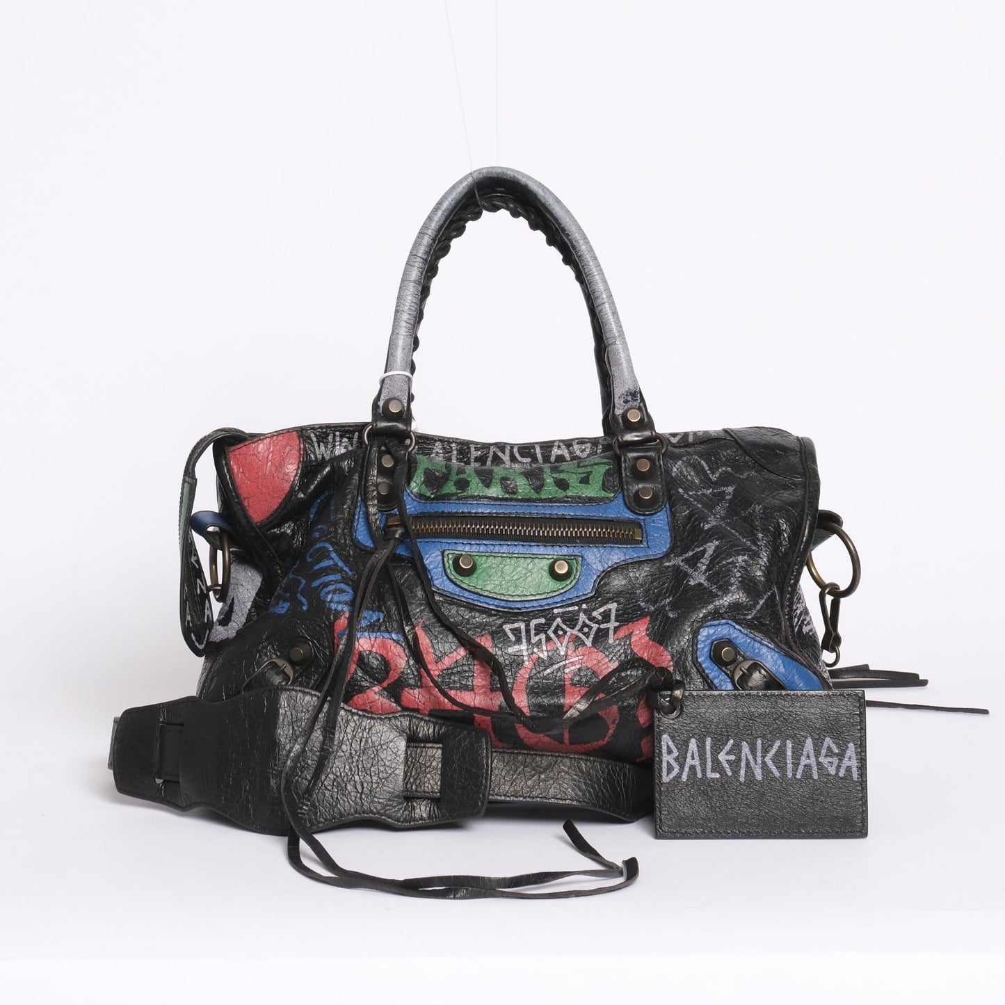 Balenciaga Black Leather Graffiti Mini City Bag