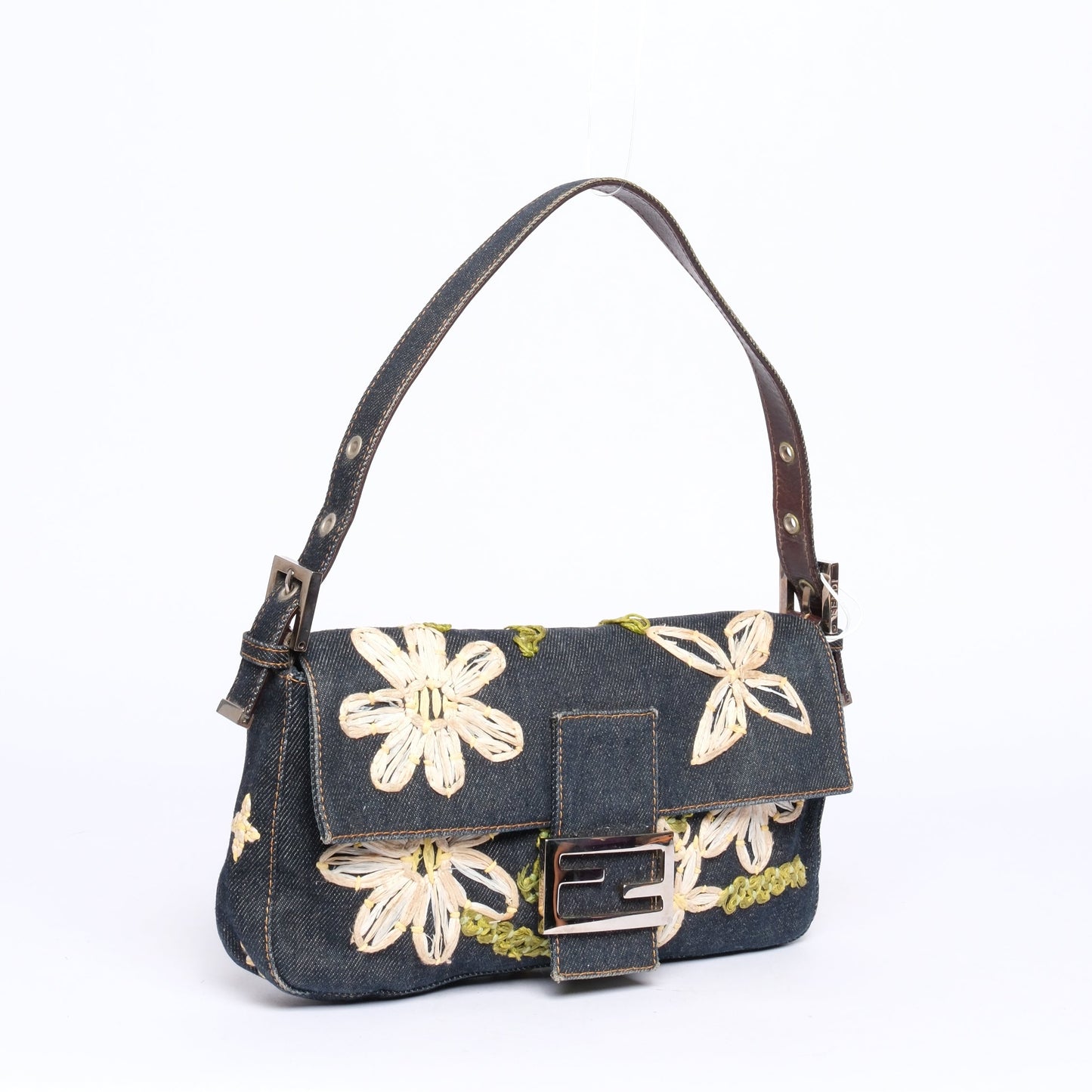 Fendi Denim Embroidered Floral Baguette Shoulder Bag SHW