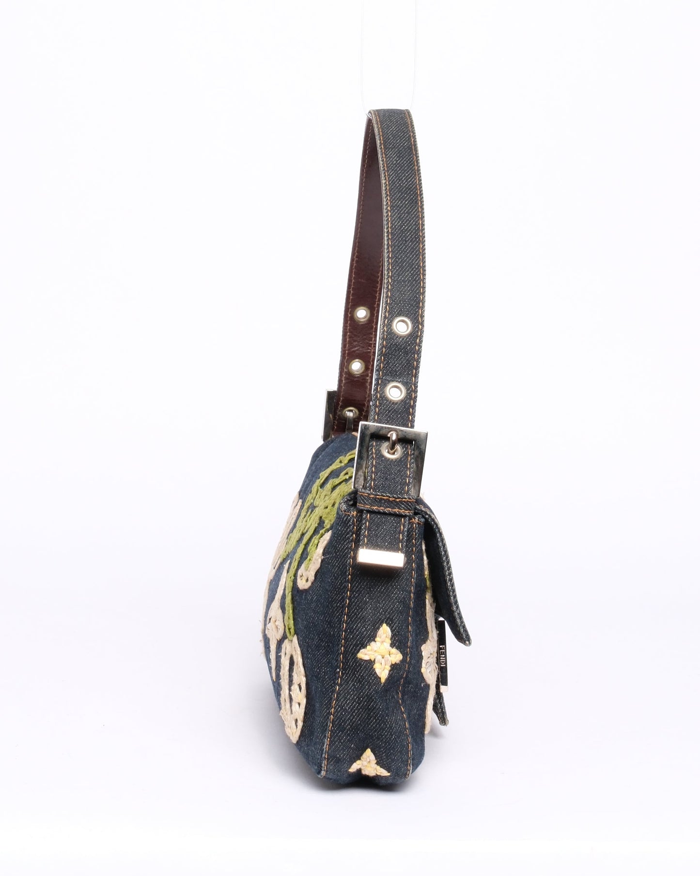 Fendi Denim Embroidered Floral Baguette Shoulder Bag SHW