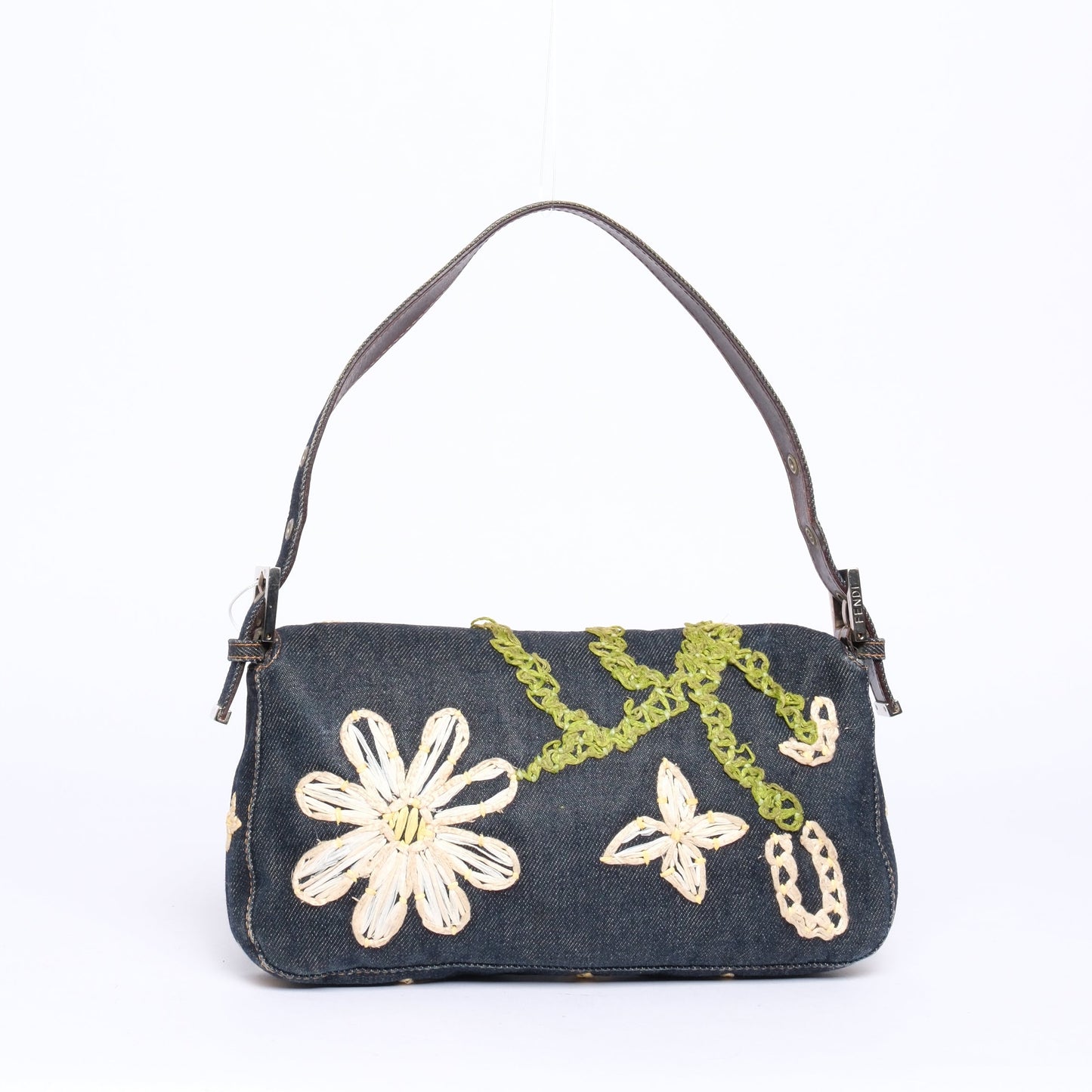 Fendi Denim Embroidered Floral Baguette Shoulder Bag SHW