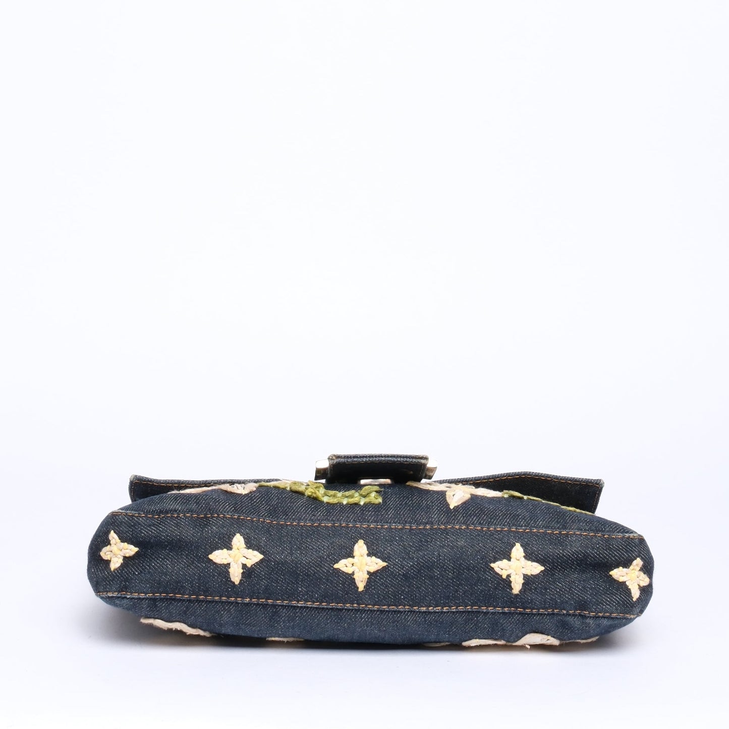 Fendi Denim Embroidered Floral Baguette Shoulder Bag SHW