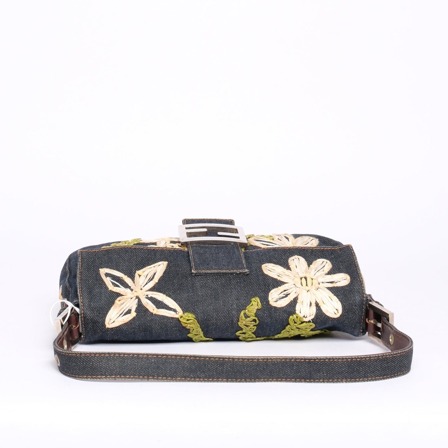 Fendi Denim Embroidered Floral Baguette Shoulder Bag SHW
