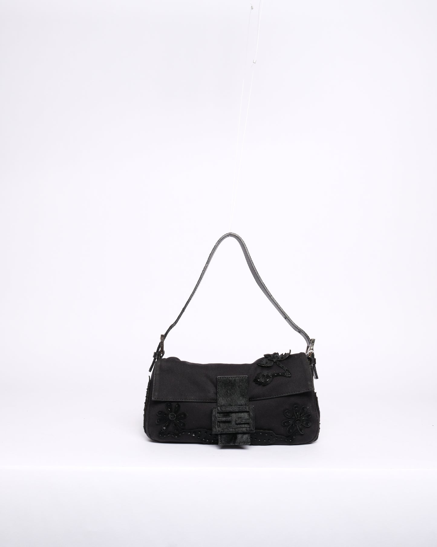 Fendi Black Neoprene & Pony-Hair Beaded Embroidered Floral Baguette