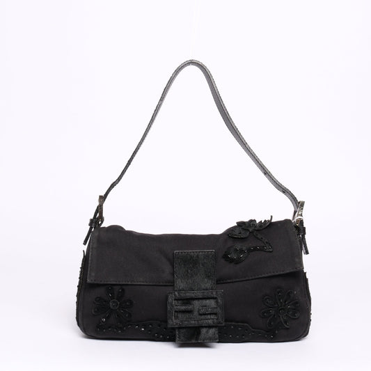 Fendi Black Neoprene & Pony-Hair Beaded Embroidered Floral Baguette
