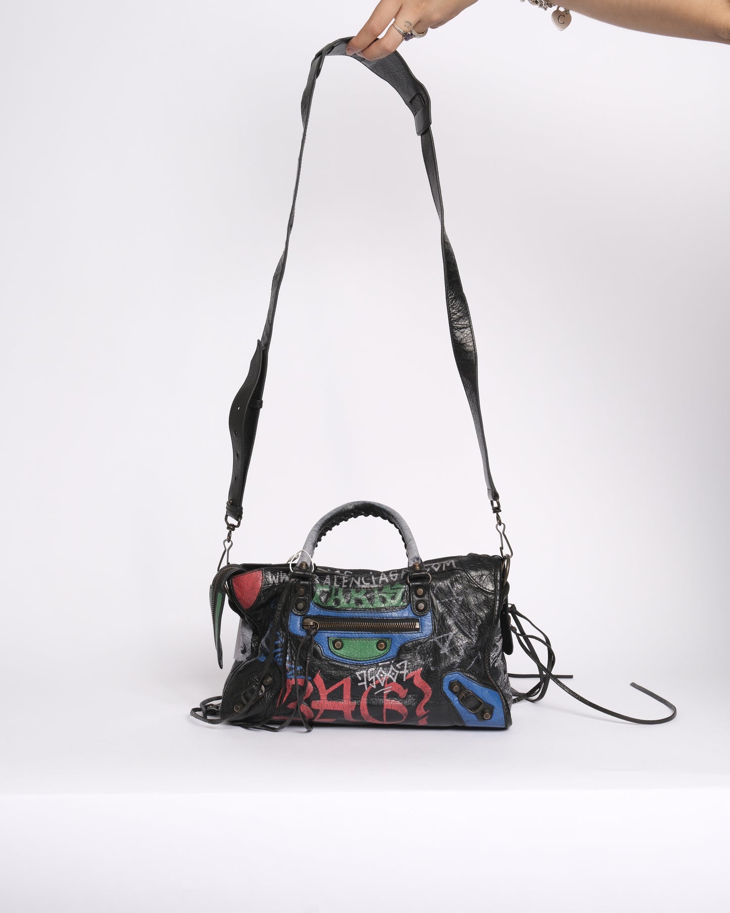 Balenciaga Black Leather Graffiti Mini City Bag