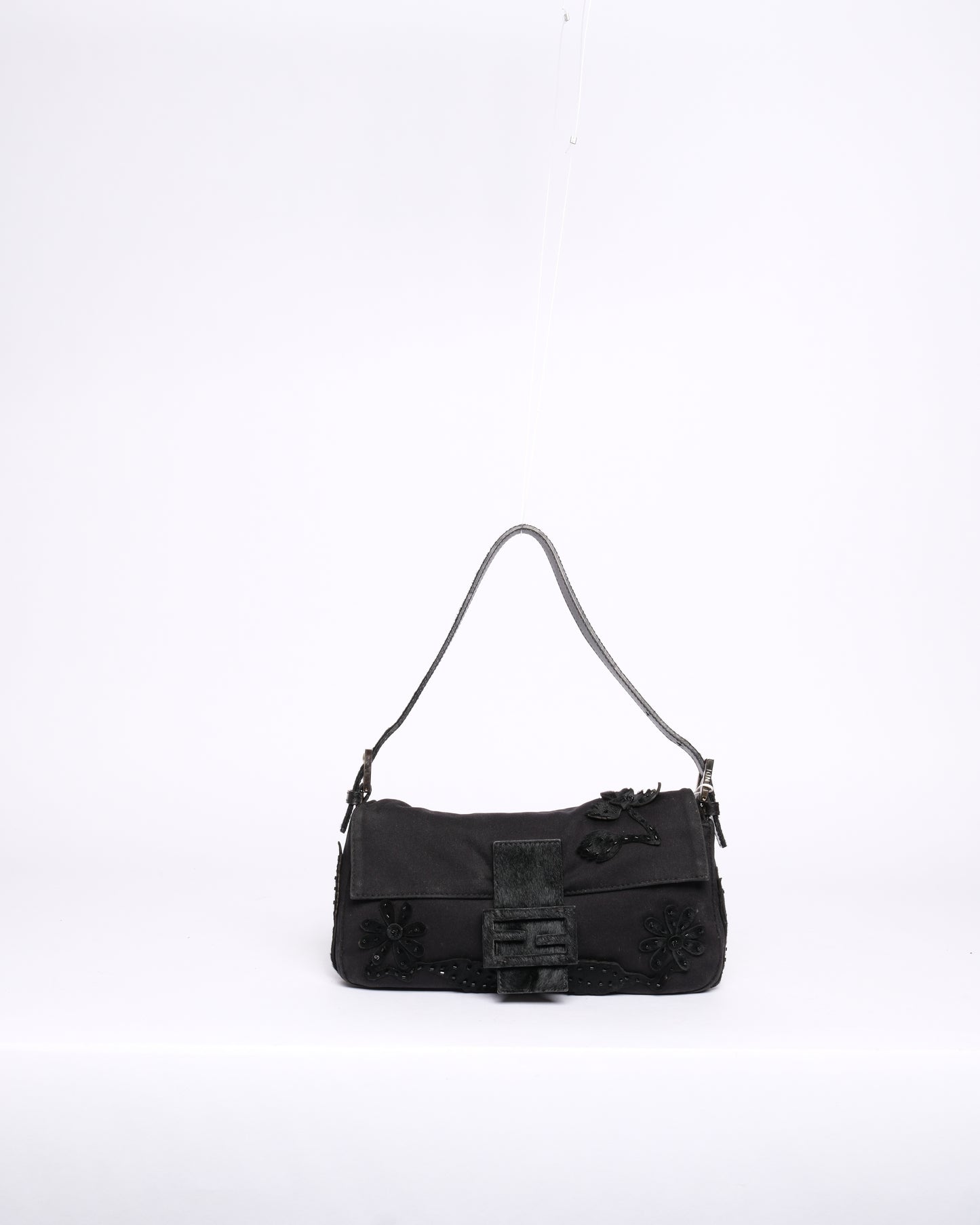 Fendi Black Neoprene & Pony-Hair Beaded Embroidered Floral Baguette