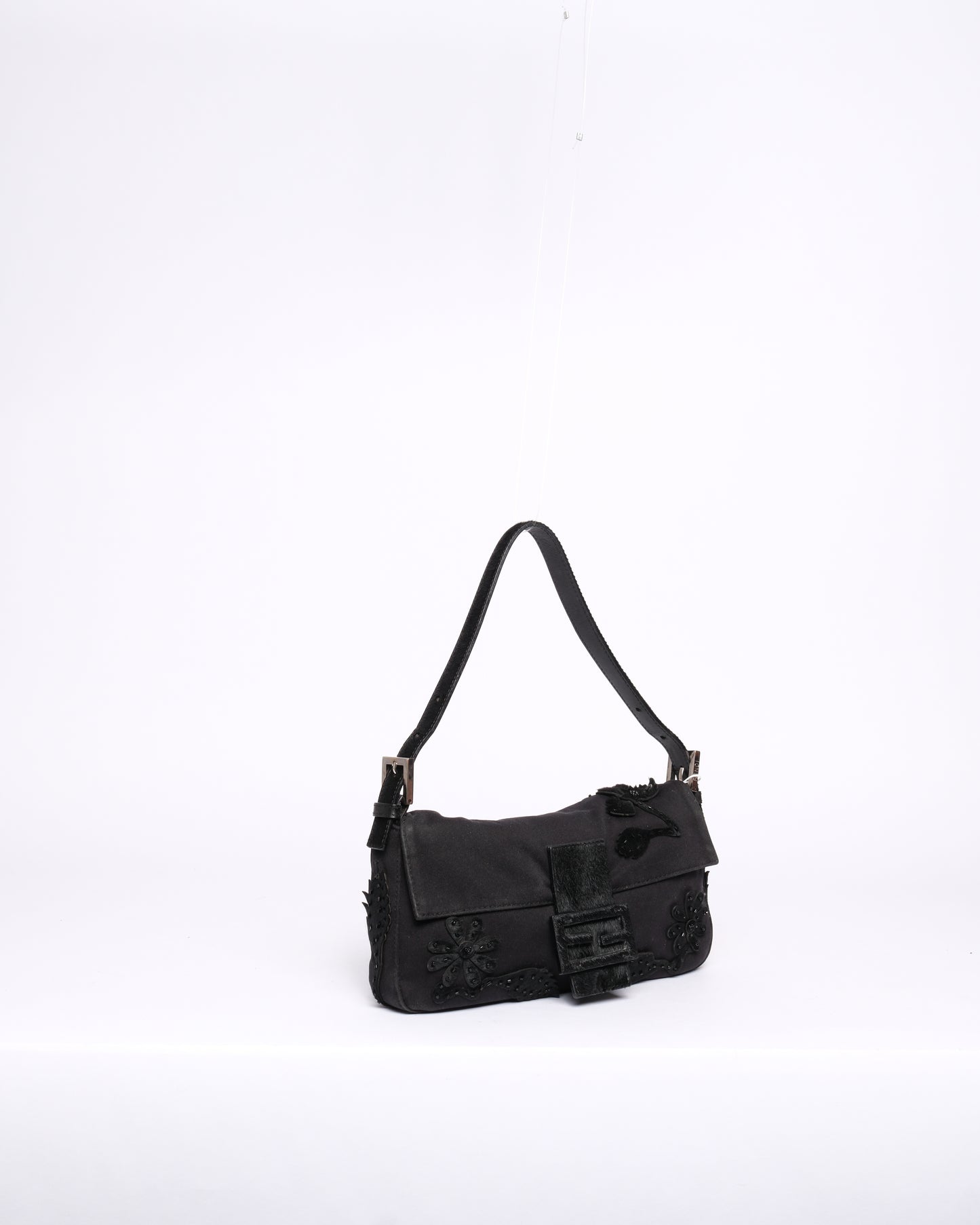 Fendi Black Neoprene & Pony-Hair Beaded Embroidered Floral Baguette