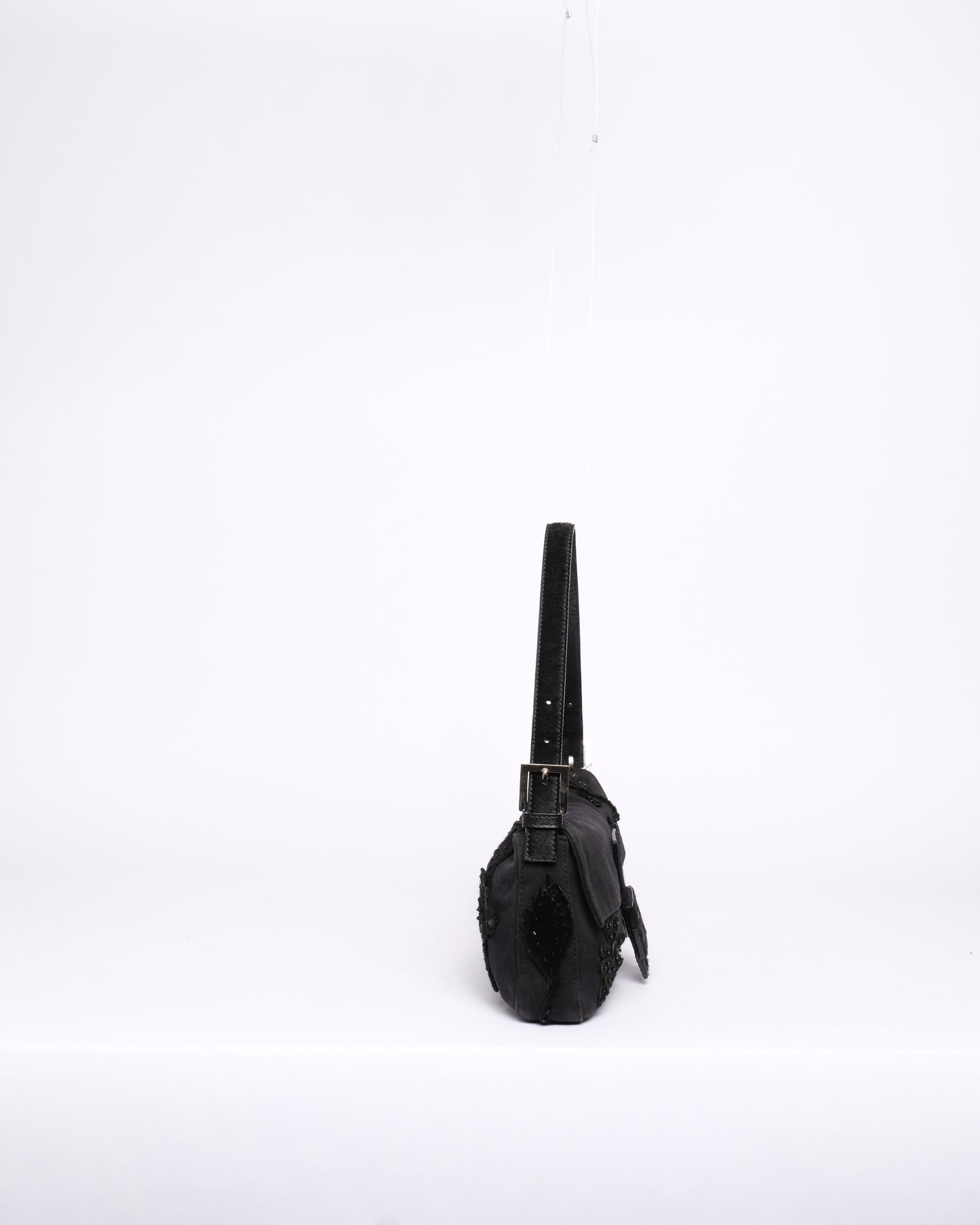 Fendi Black Neoprene & Pony-Hair Beaded Embroidered Floral Baguette