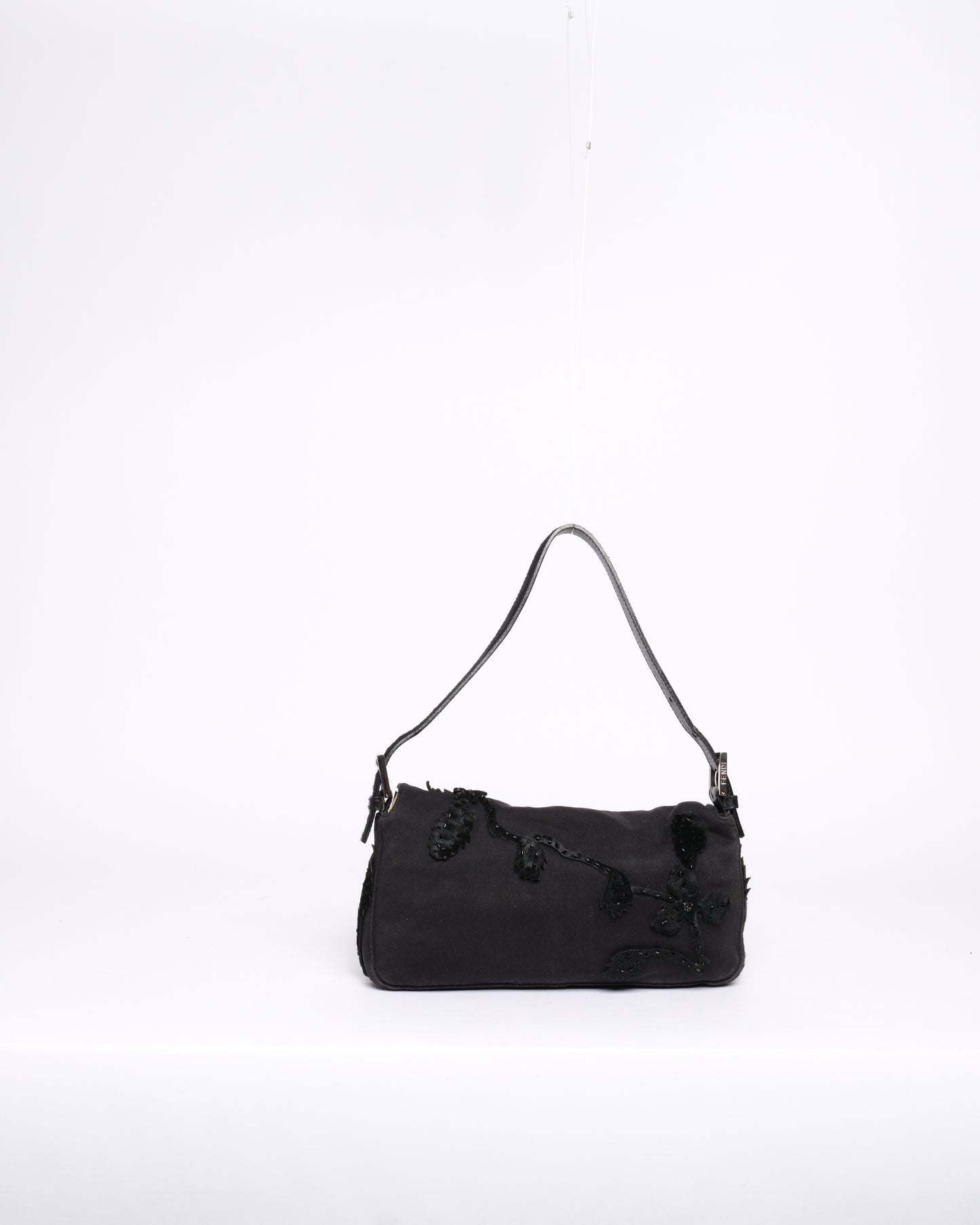 Fendi Black Neoprene & Pony-Hair Beaded Embroidered Floral Baguette
