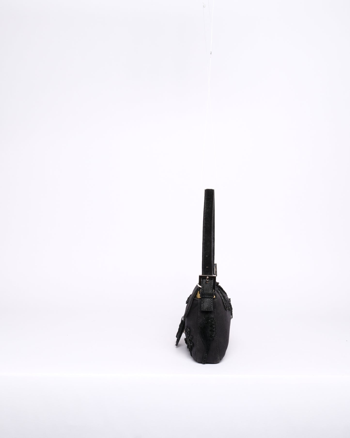 Fendi Black Neoprene & Pony-Hair Beaded Embroidered Floral Baguette