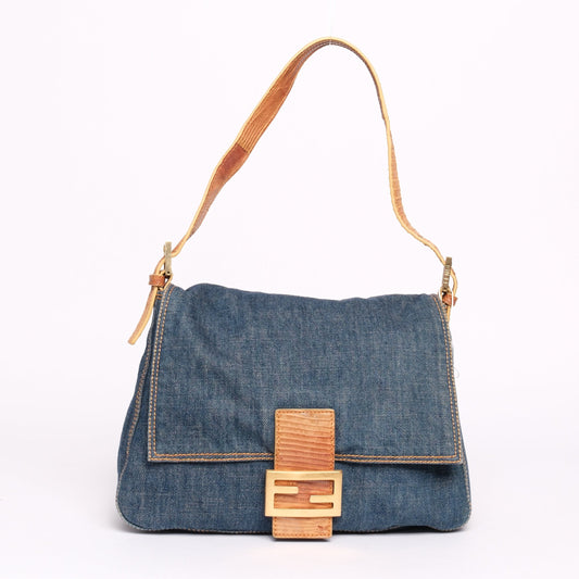 Fendi Denim Mama Baguette w/ Lizard Trim