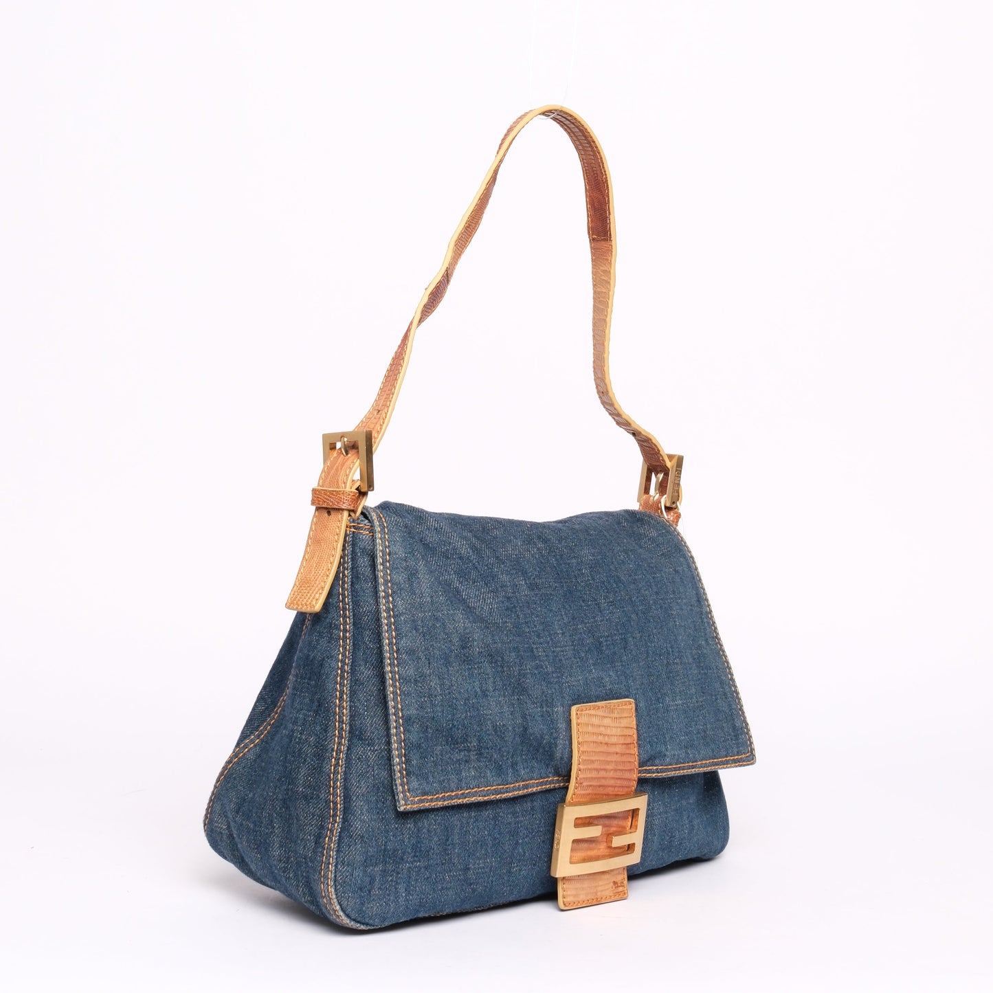 Fendi Denim Mama Baguette w/ Lizard Trim