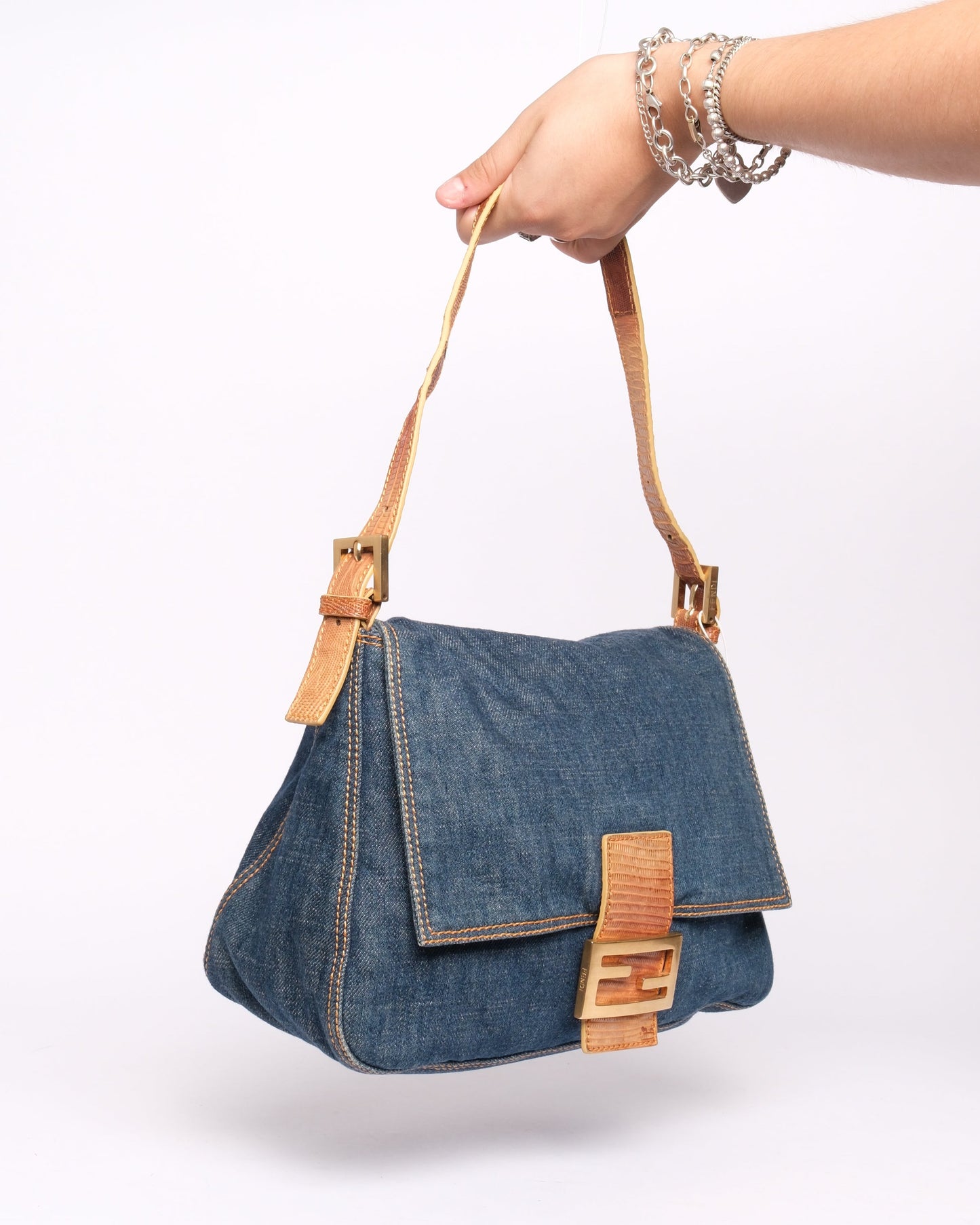 Fendi Denim Mama Baguette w/ Lizard Trim
