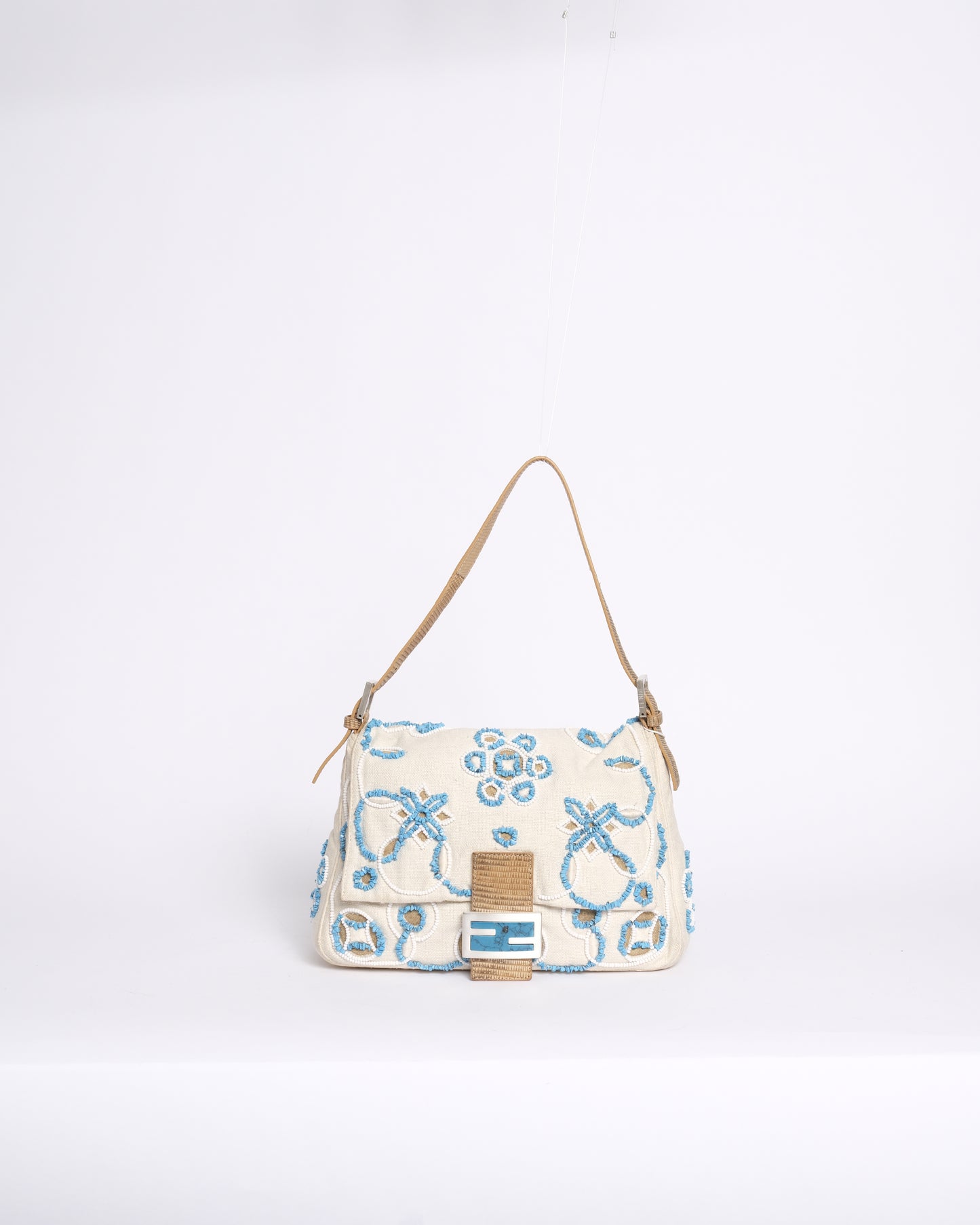 RARE Fendi White Canvas Turquoise Beaded Lizard Trim Mamma Baguette Shoulder Bag