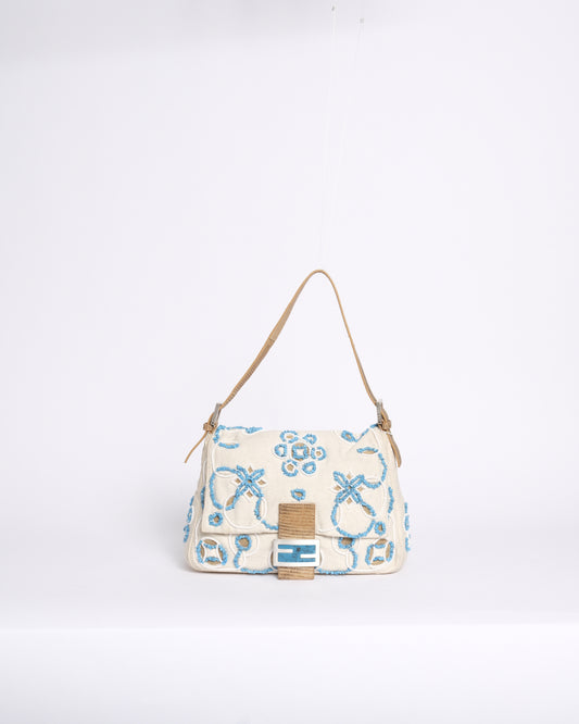 RARE Fendi White Canvas Turquoise Beaded Lizard Trim Mamma Baguette Shoulder Bag