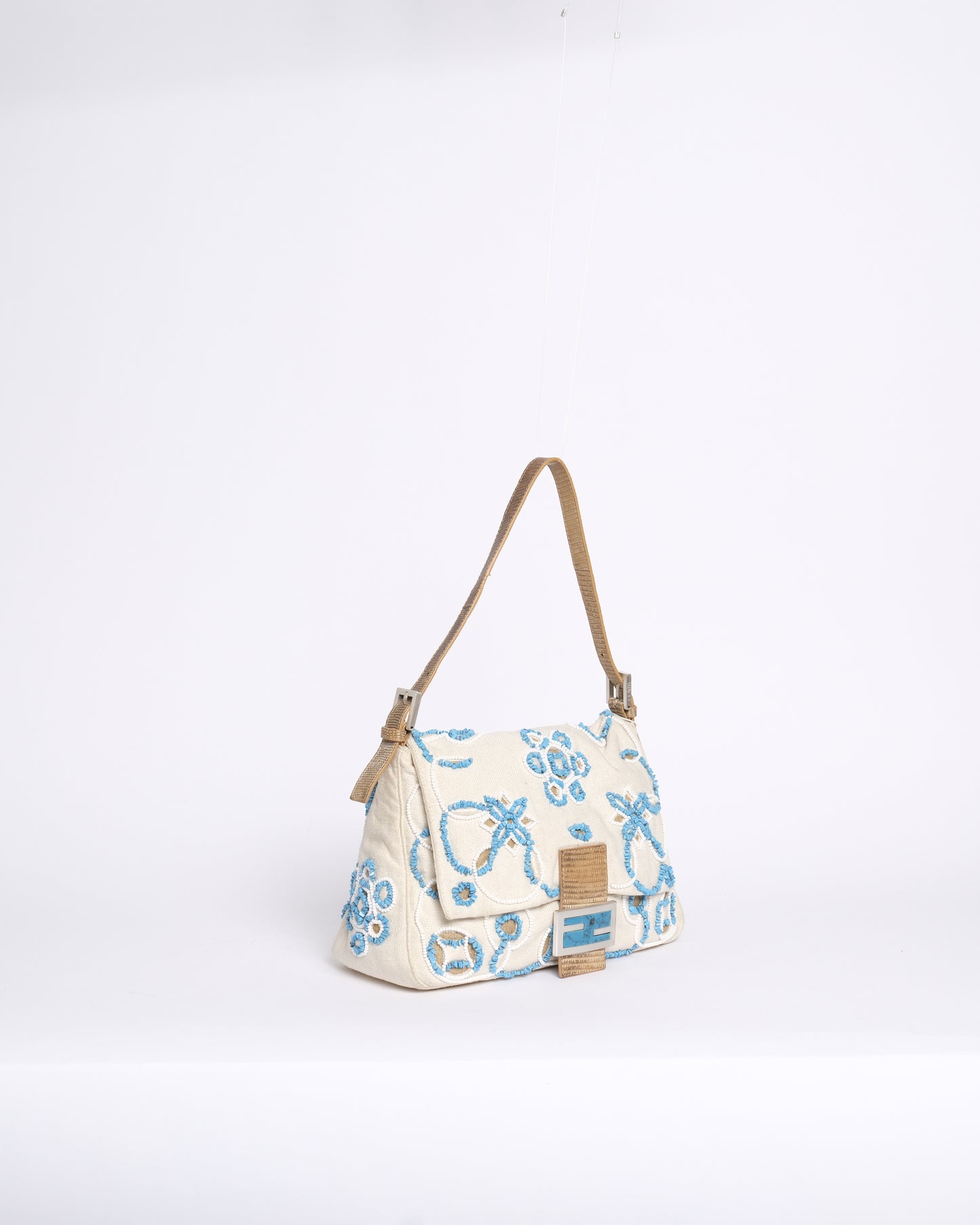 RARE Fendi White Canvas Turquoise Beaded Lizard Trim Mamma Baguette Shoulder Bag