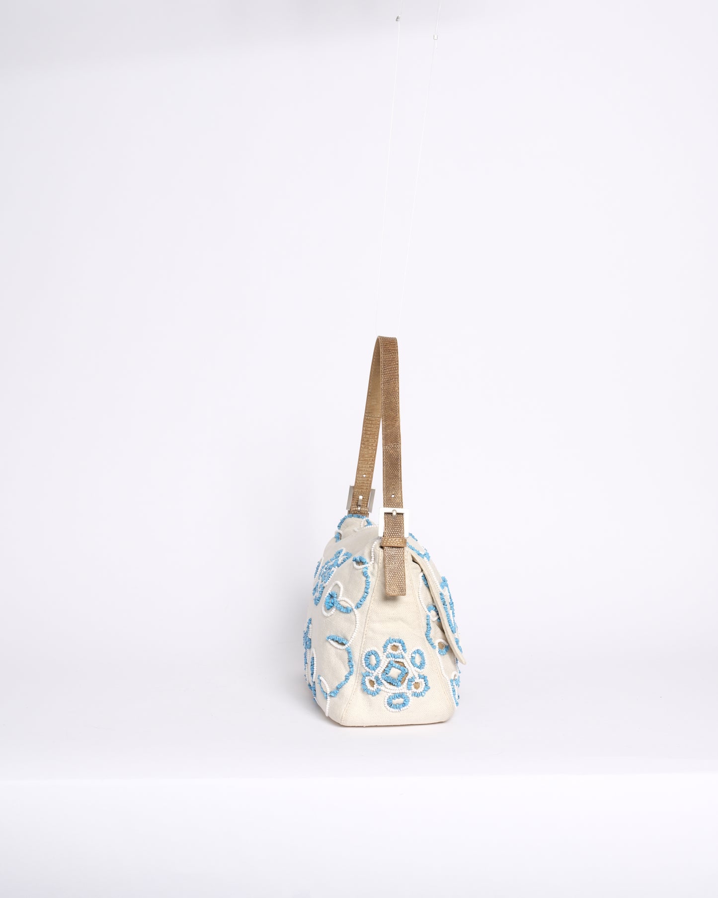 RARE Fendi White Canvas Turquoise Beaded Lizard Trim Mamma Baguette Shoulder Bag