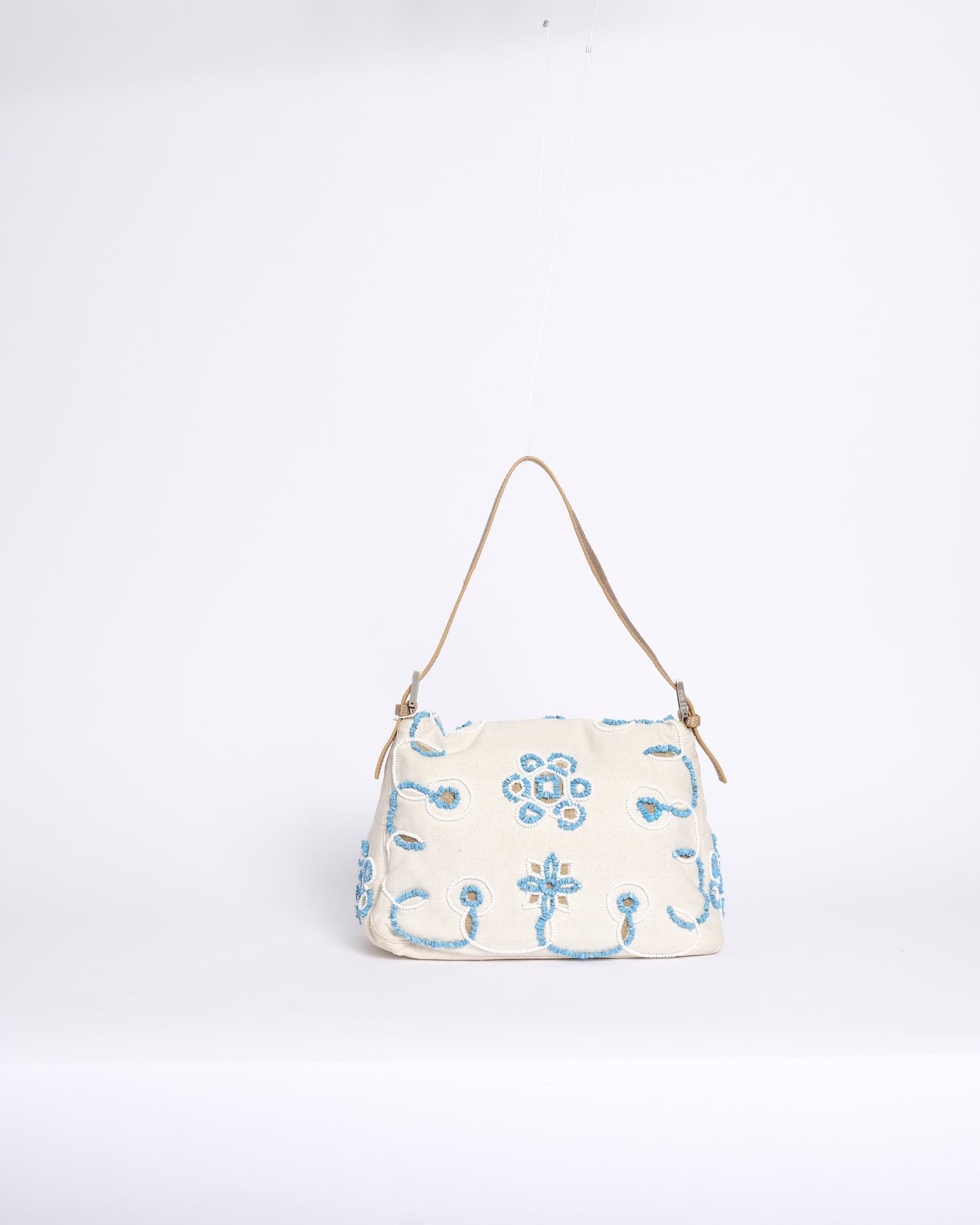 RARE Fendi White Canvas Turquoise Beaded Lizard Trim Mamma Baguette Shoulder Bag