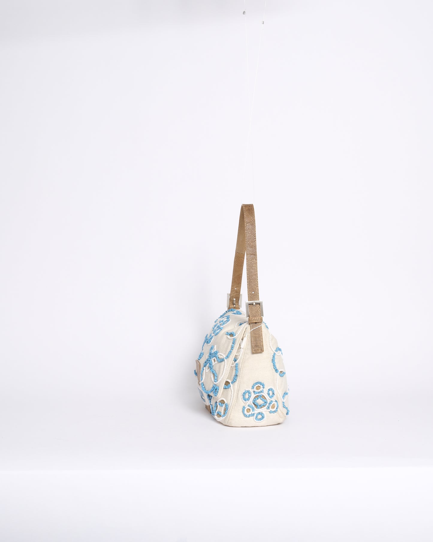 RARE Fendi White Canvas Turquoise Beaded Lizard Trim Mamma Baguette Shoulder Bag