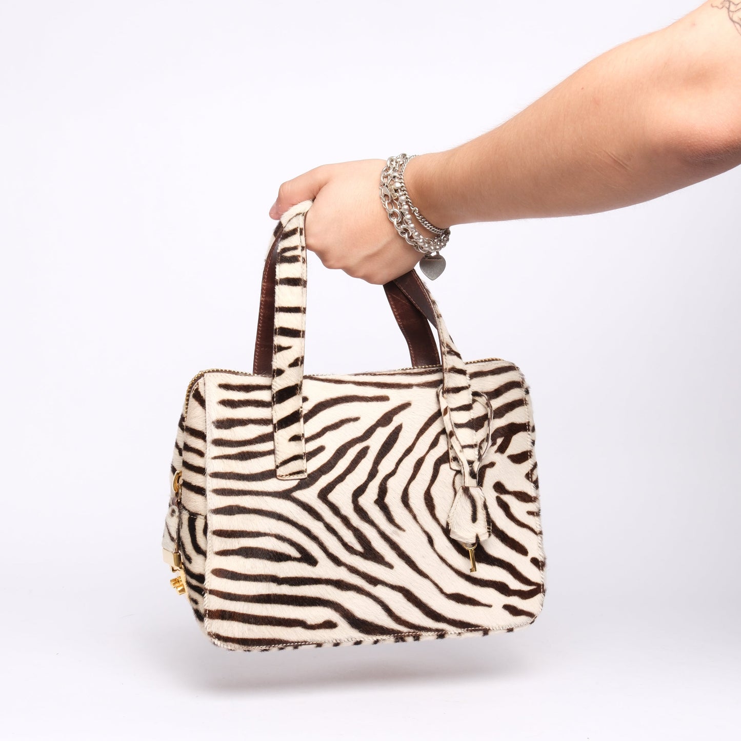 Prada Zebra Printed Pony-Hair Top Handle Bag