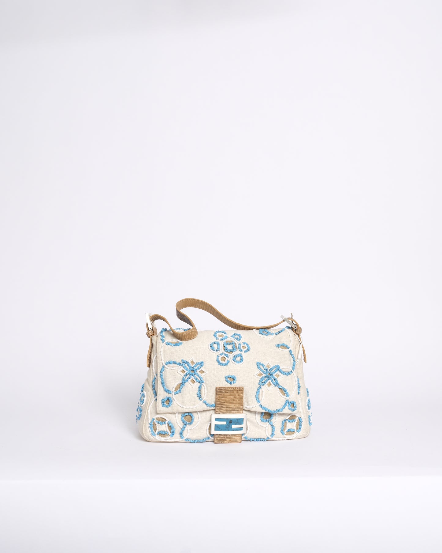RARE Fendi White Canvas Turquoise Beaded Lizard Trim Mamma Baguette Shoulder Bag