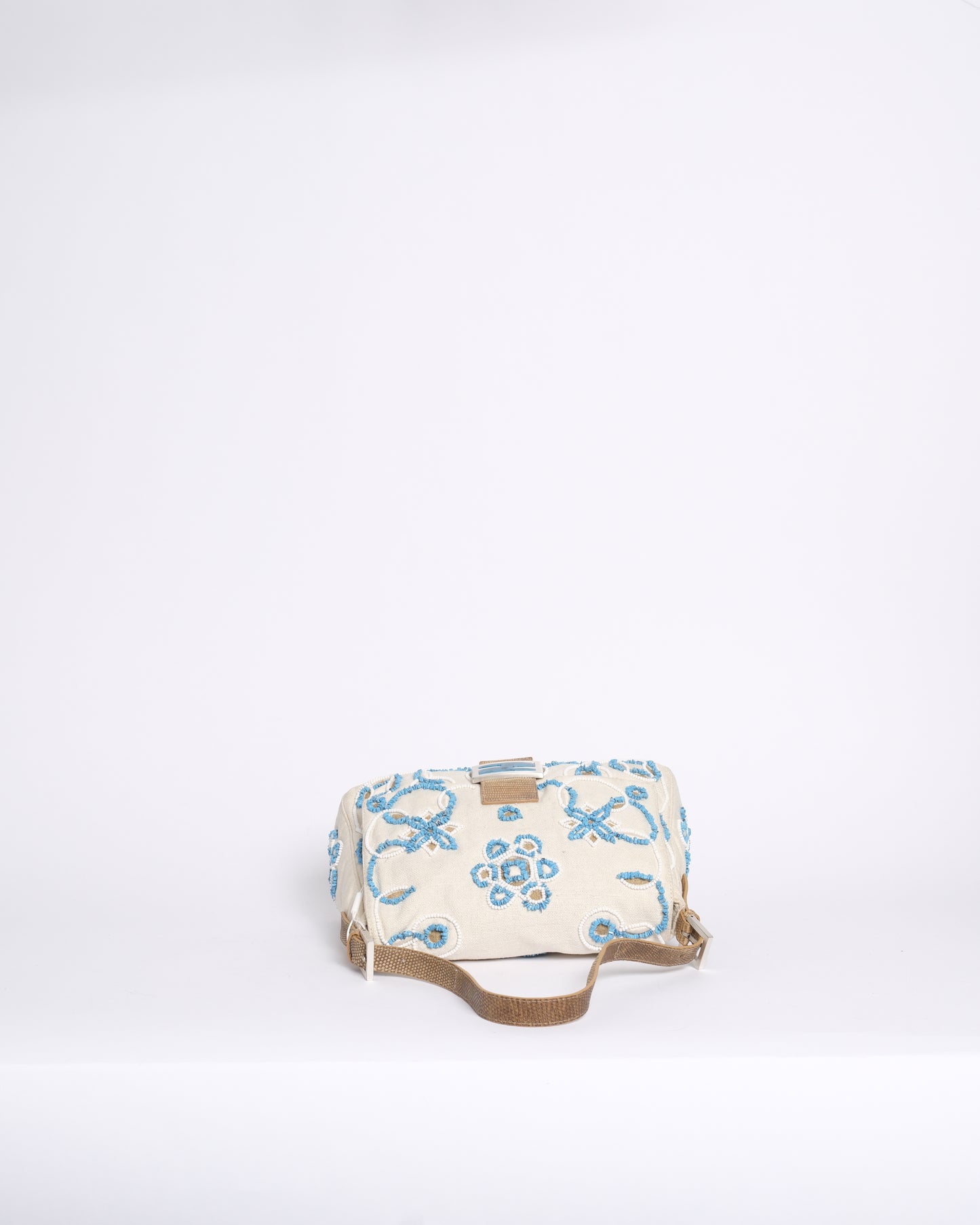 RARE Fendi White Canvas Turquoise Beaded Lizard Trim Mamma Baguette Shoulder Bag